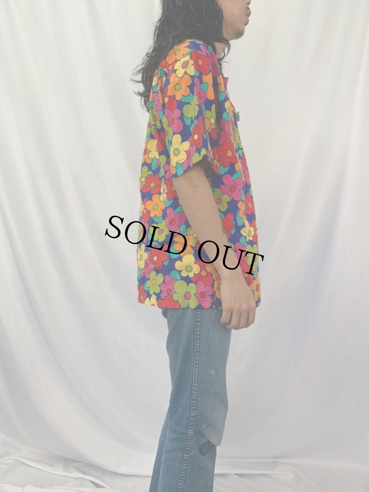 画像3: ESPRIT フラワー総柄 オープンカラーコットンシャツ L (3)