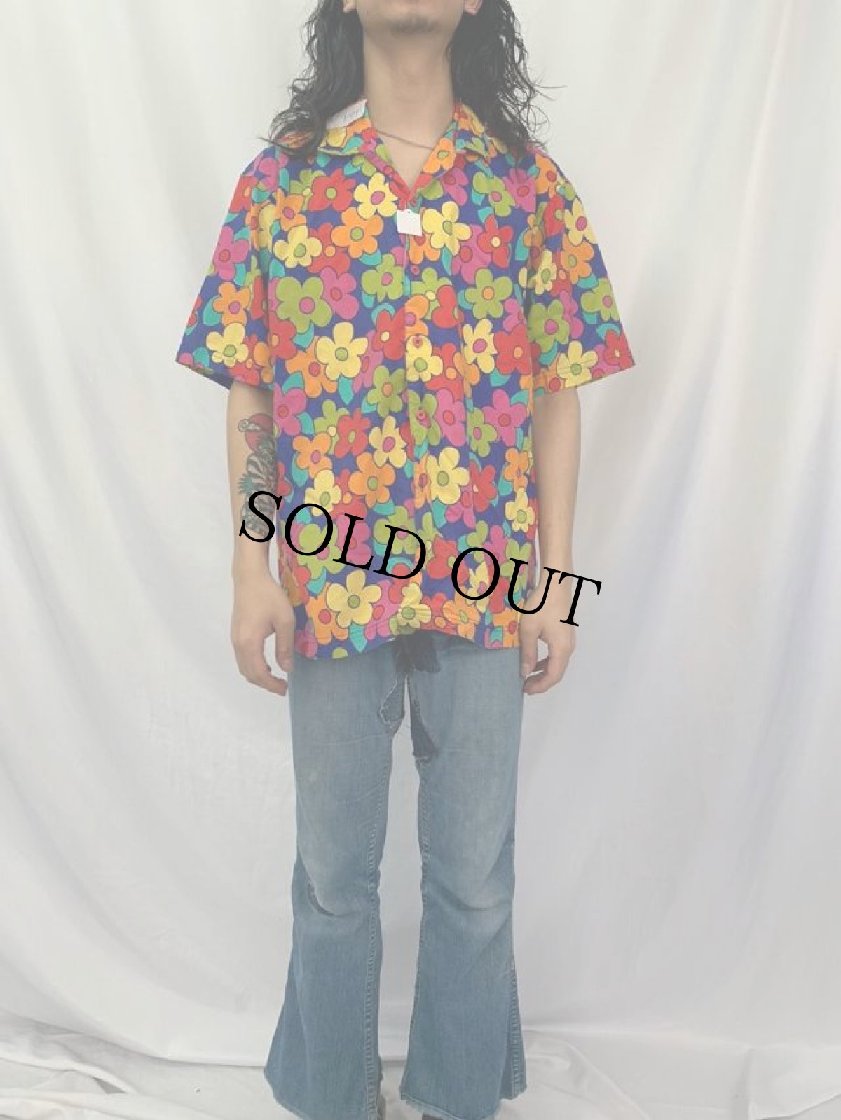 画像2: ESPRIT フラワー総柄 オープンカラーコットンシャツ L (2)