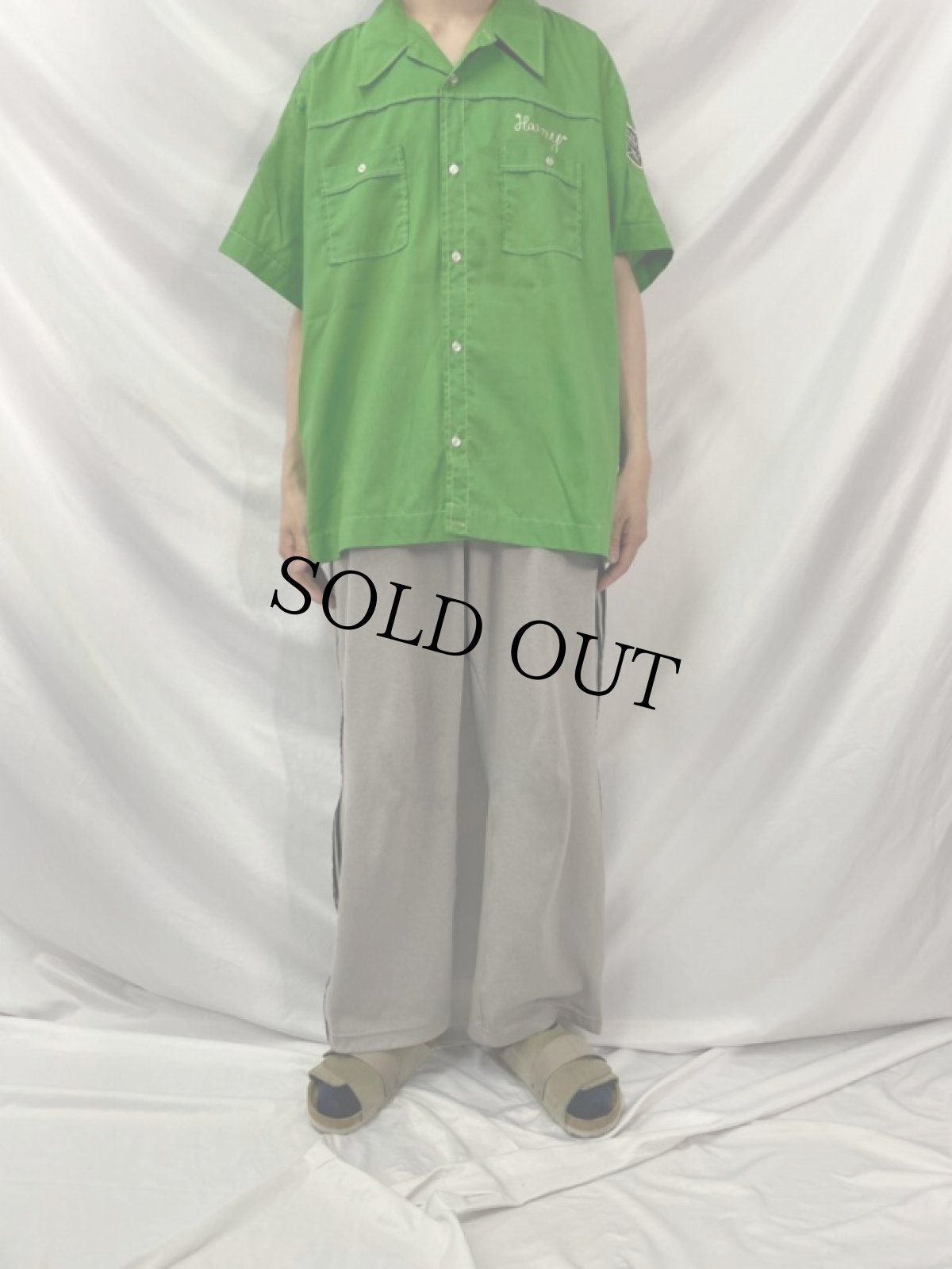 画像2: 70's Hilton チェーン刺繍×パッチ付き コットンポリ ボーリングシャツ XXL (2)