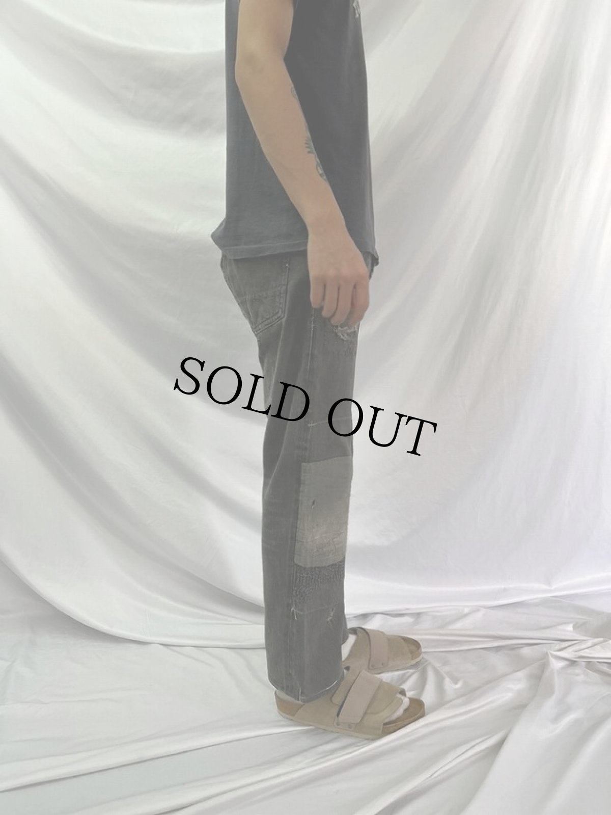 画像3: KAPITAL 刺し子×パッチワーク バックルバック ブラックデニムパンツ W30 (3)