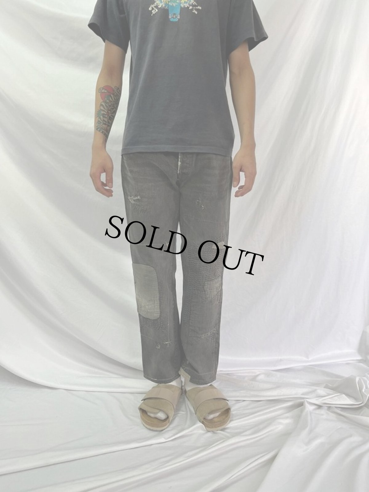 画像2: KAPITAL 刺し子×パッチワーク バックルバック ブラックデニムパンツ W30 (2)