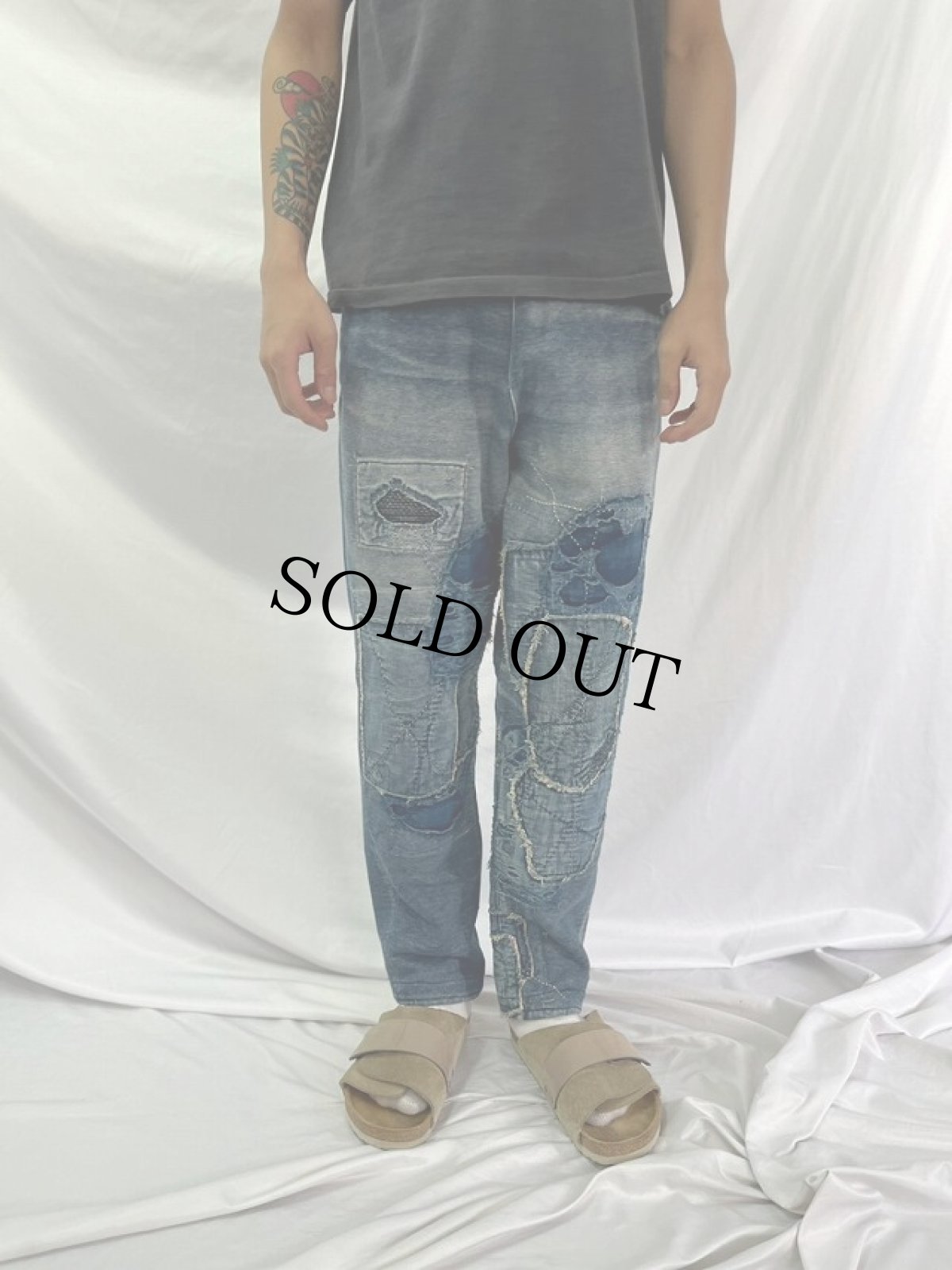 画像2: KAPITAL 襤褸加工 パッチワーク スウェットパンツ XS (2)