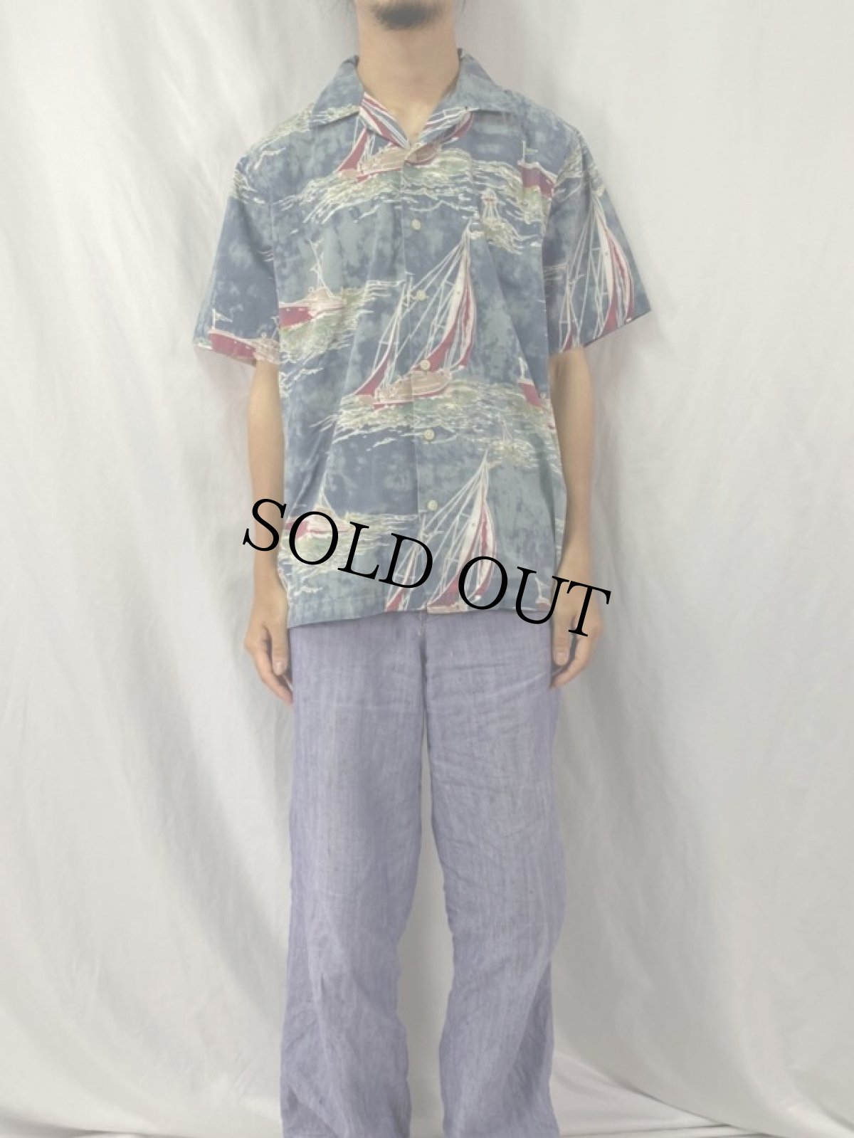 画像2: 80〜90's POLO Ralph Lauren "VINTAGE CAMP" セーリング柄 オープンカラーコットンシャツ M (2)