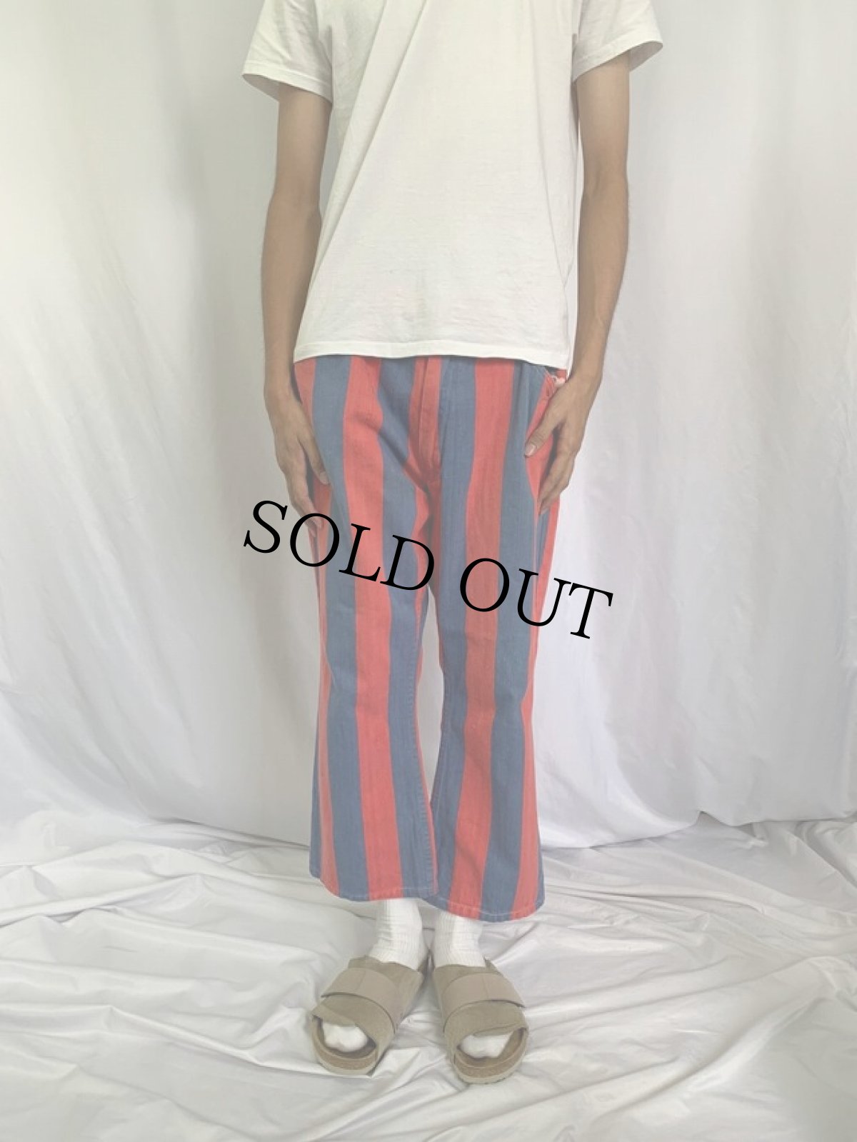 画像2: 70's DUDE ストライプ柄 コットンフレアパンツ W35 (2)