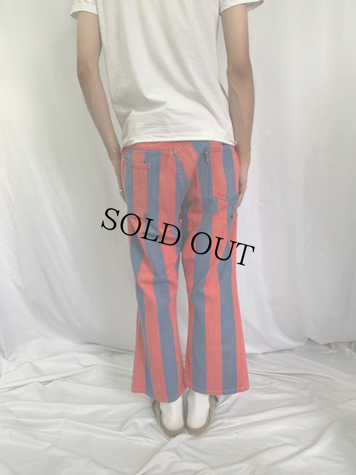 画像4: 70's DUDE ストライプ柄 コットンフレアパンツ W35 (4)