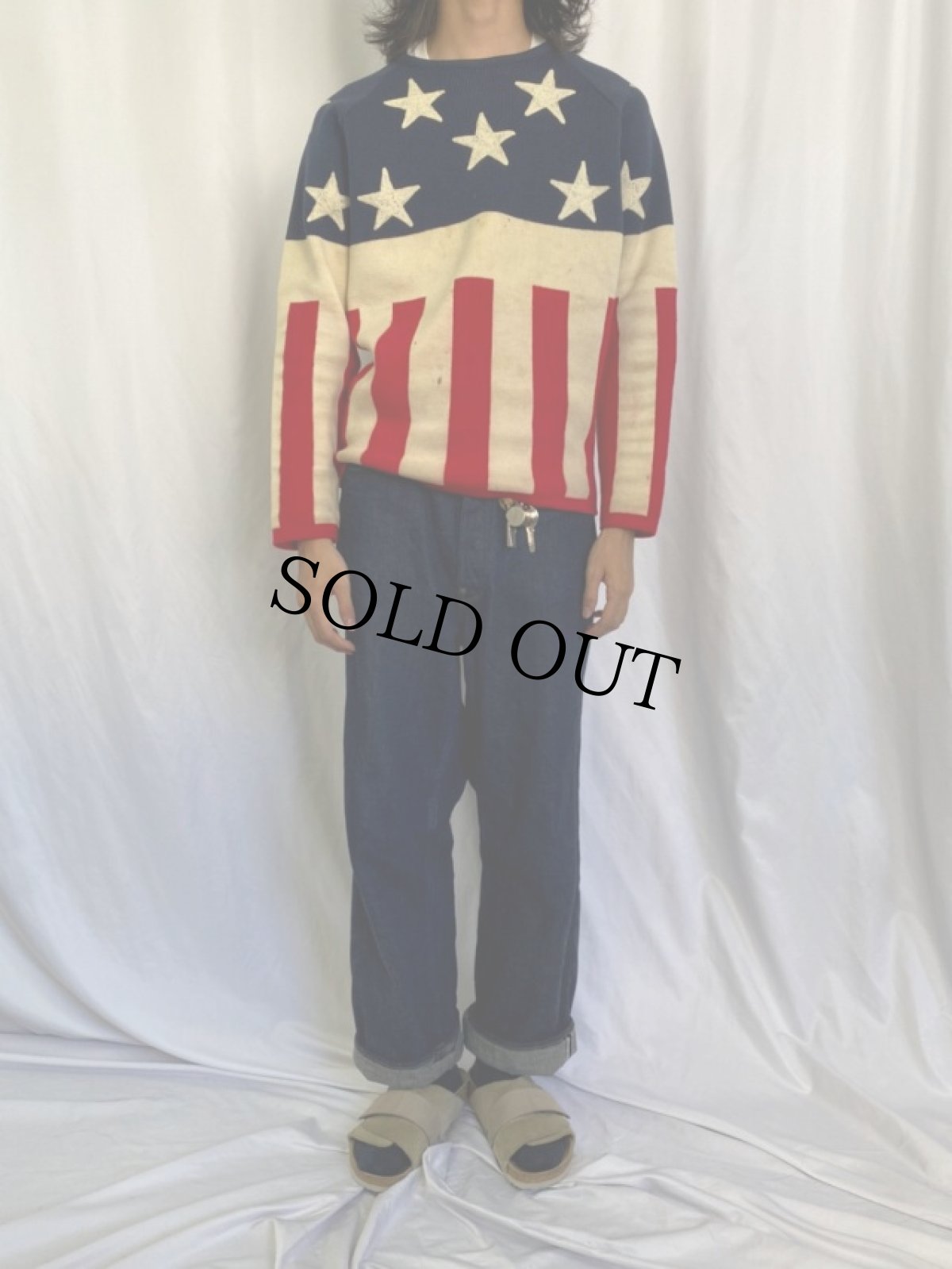 画像2: 70's Lido 星条旗柄 ウールニットセーター L (2)