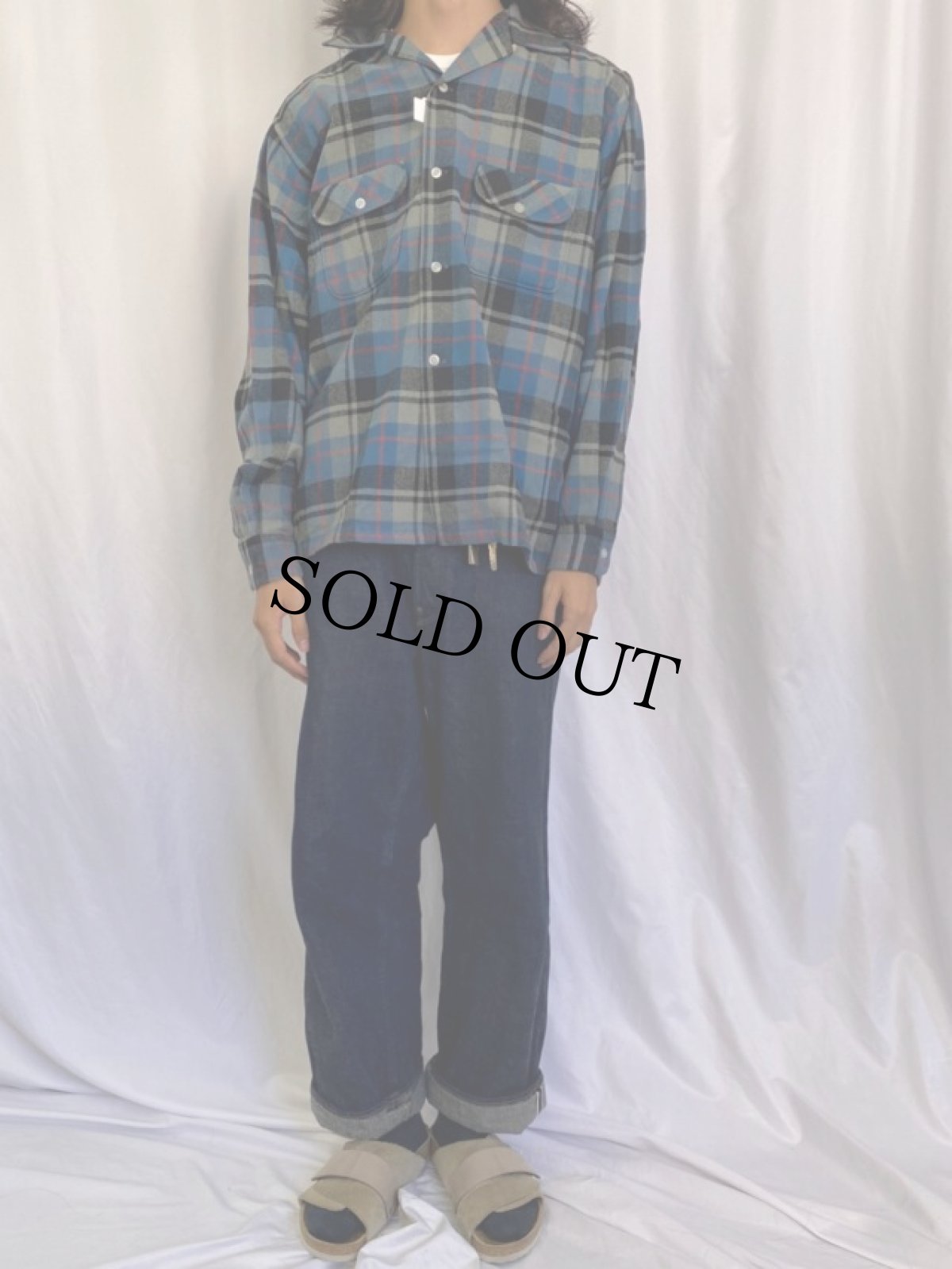 画像2: 60's PENNY'S TOWNCRAFT チェック柄 オープンカラーウールシャツ L (2)