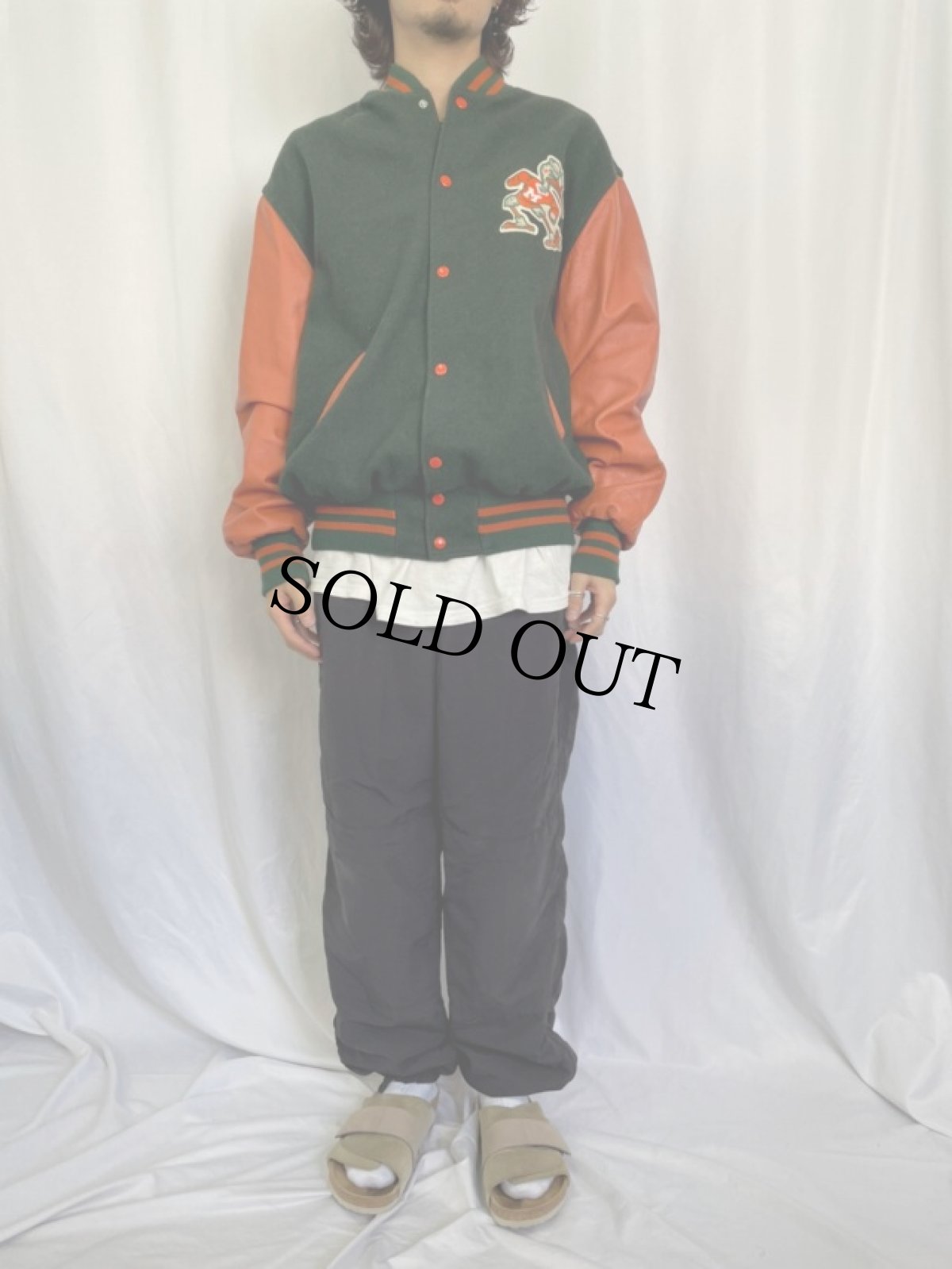 画像2: 90's Holloway USA製 パッチ付き ウール×レザースタジャン XL (2)