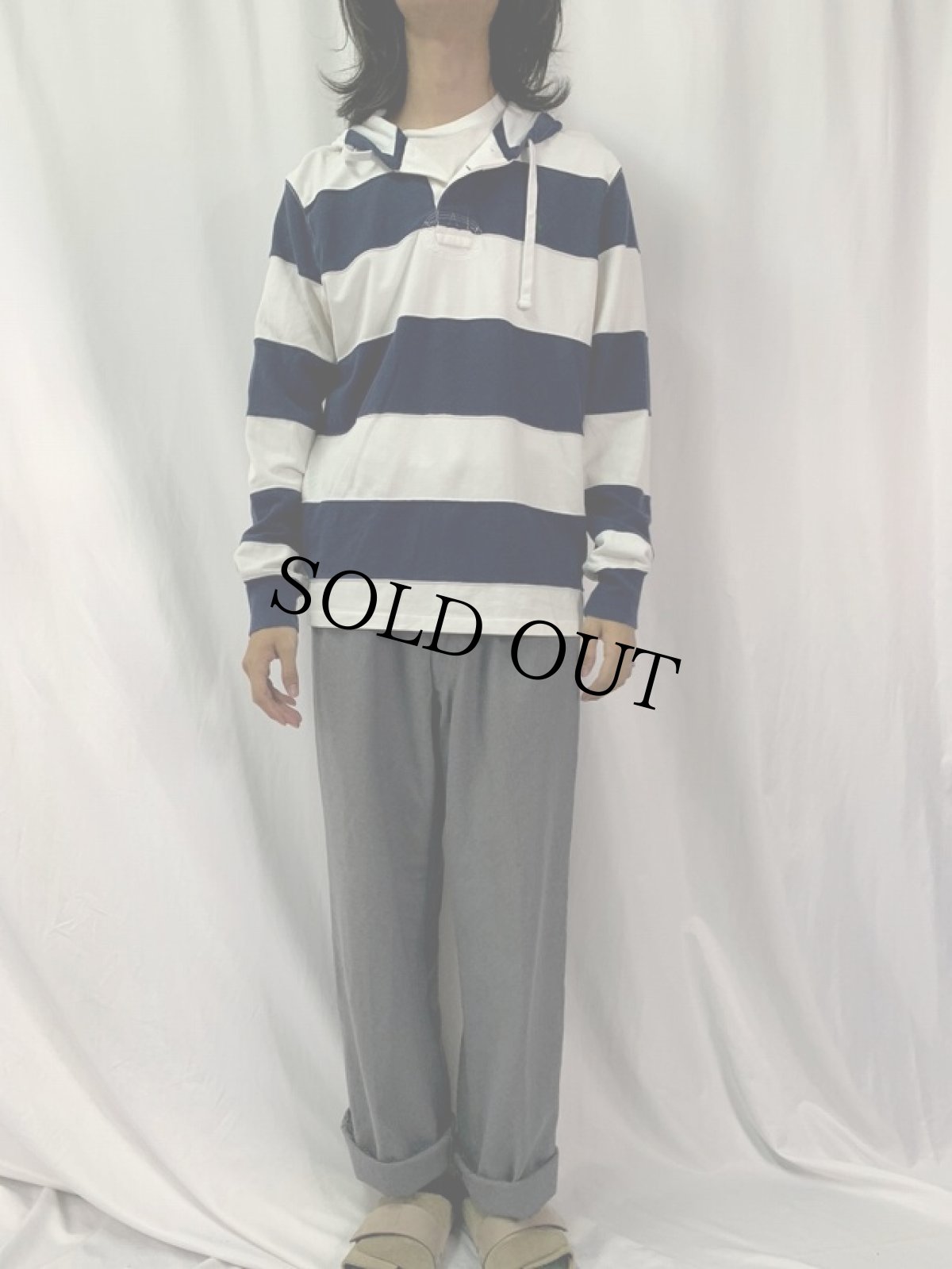 画像2: POLO Ralph Lauren フード付き ボーダー柄鹿の子ラガーシャツ L (2)