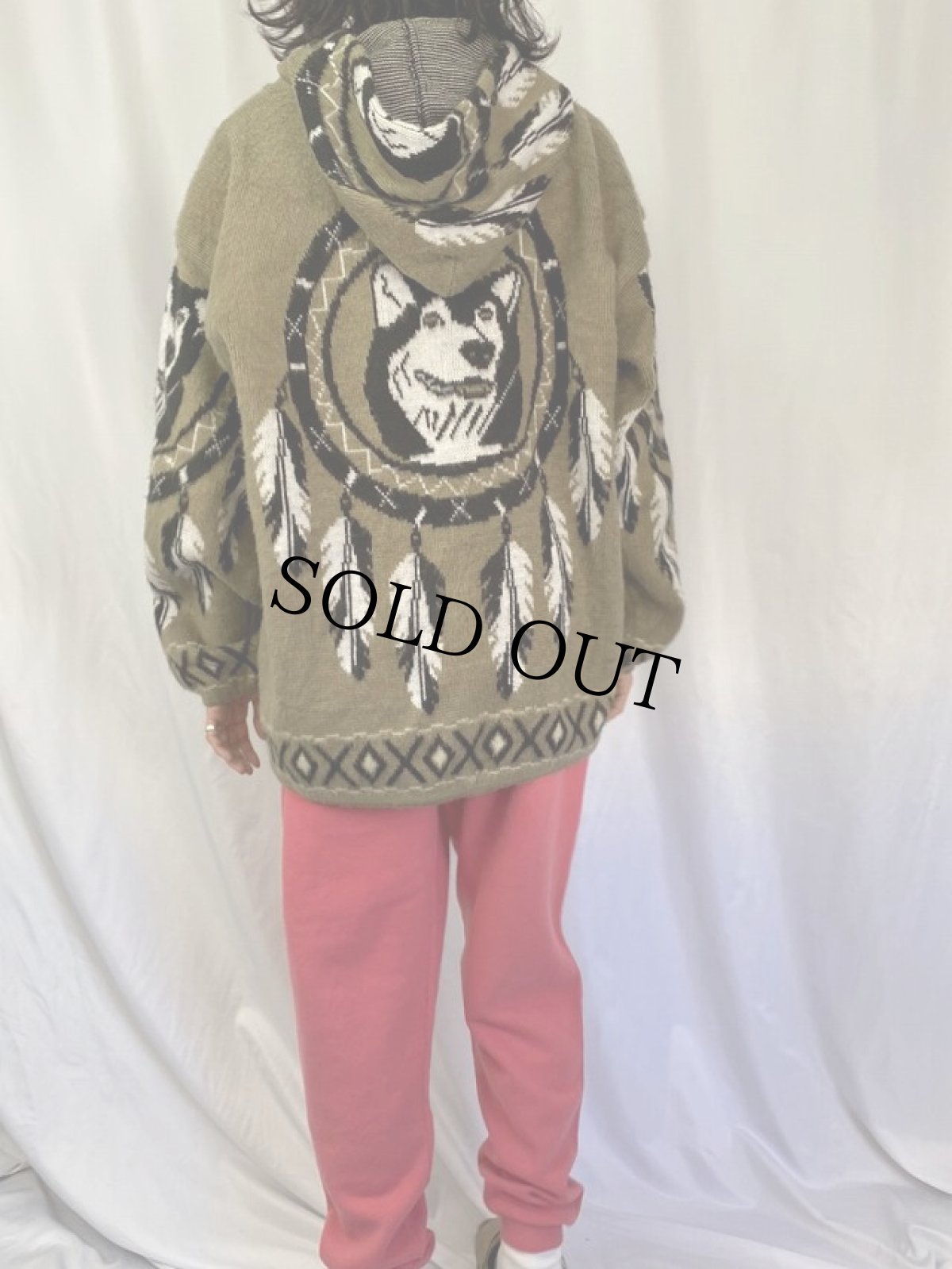 画像4: エクアドル製 オオカミ柄シャギーニットパーカー XXL (4)