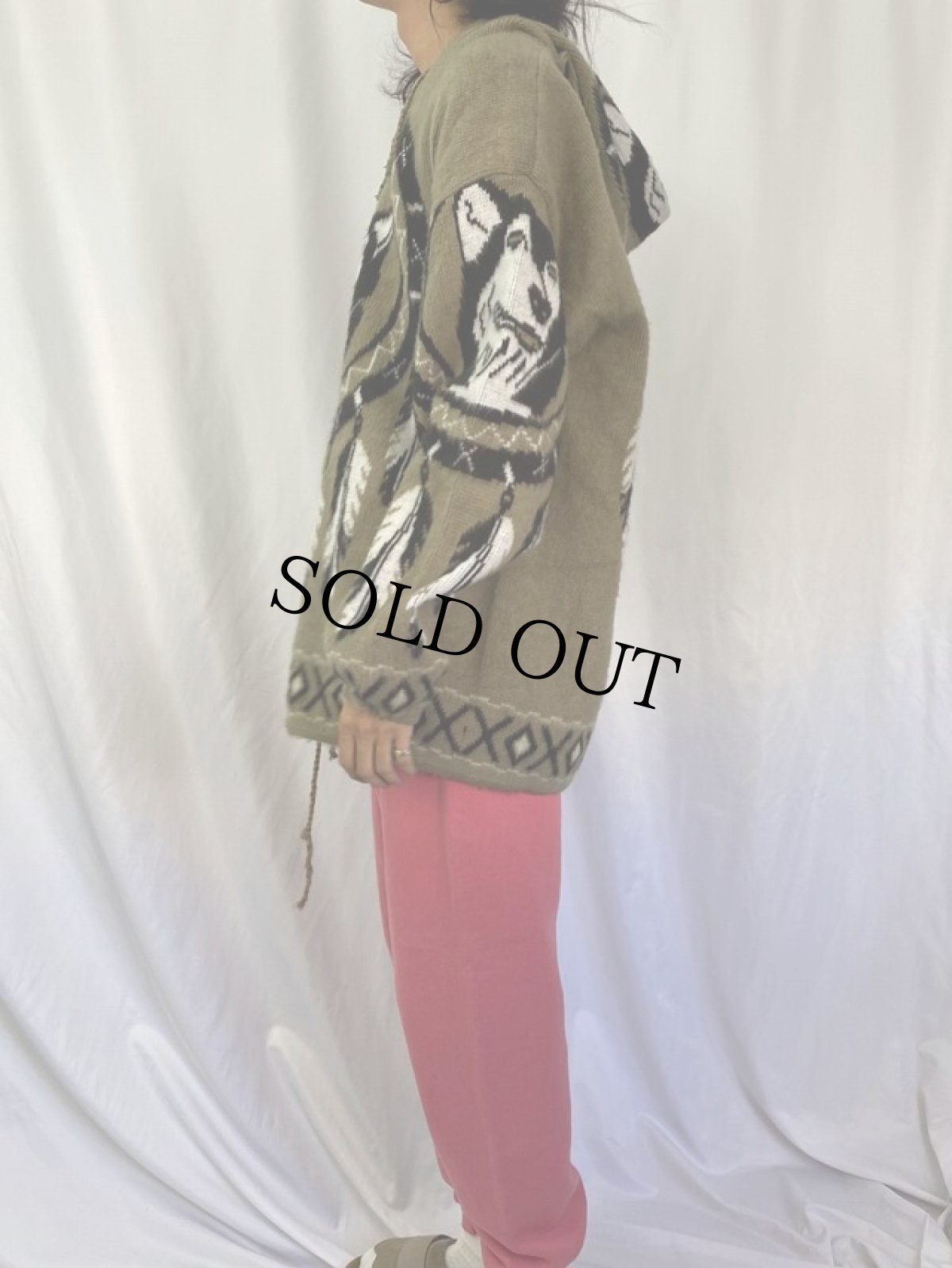 画像3: エクアドル製 オオカミ柄シャギーニットパーカー XXL (3)