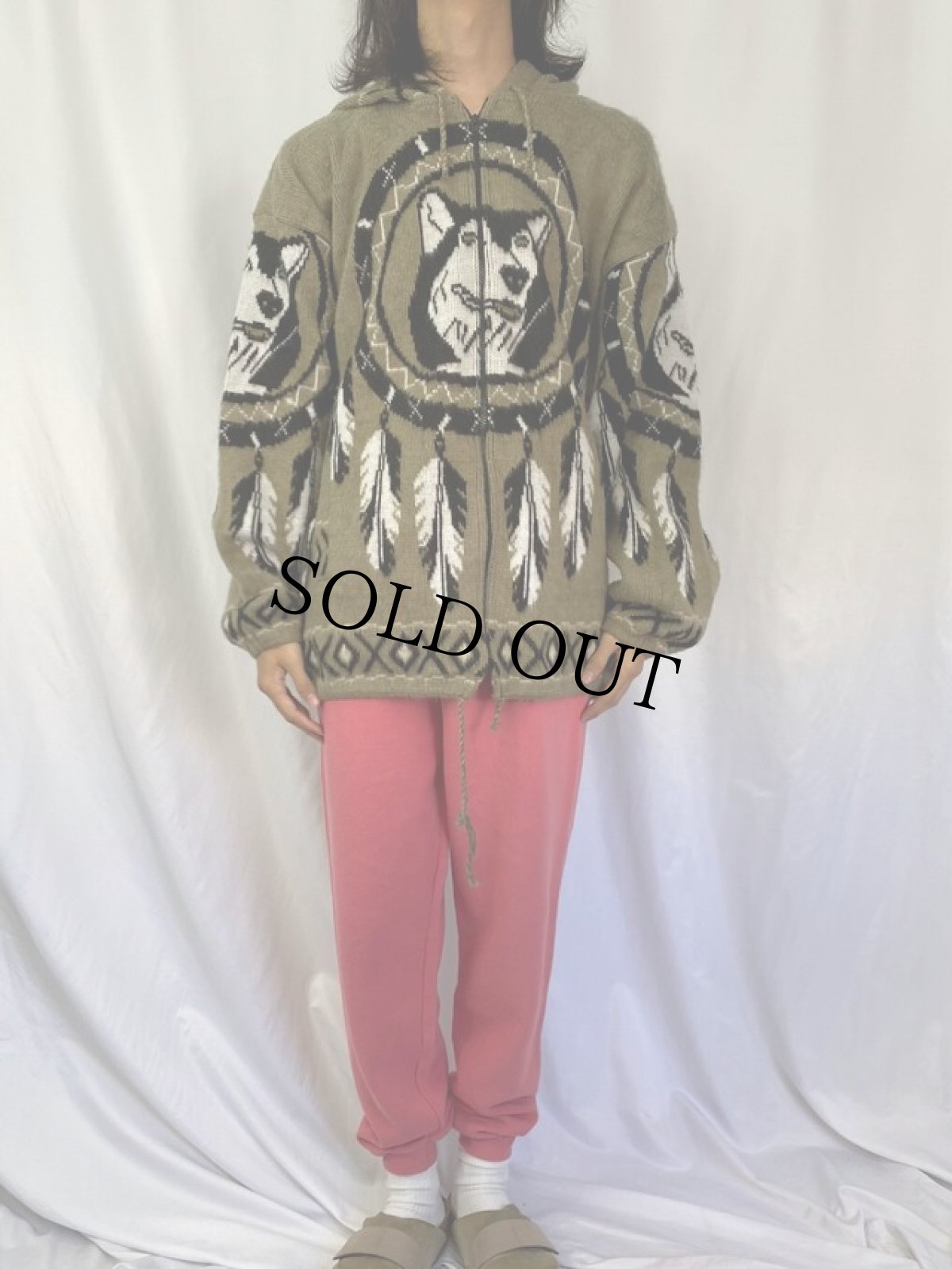 画像2: エクアドル製 オオカミ柄シャギーニットパーカー XXL (2)