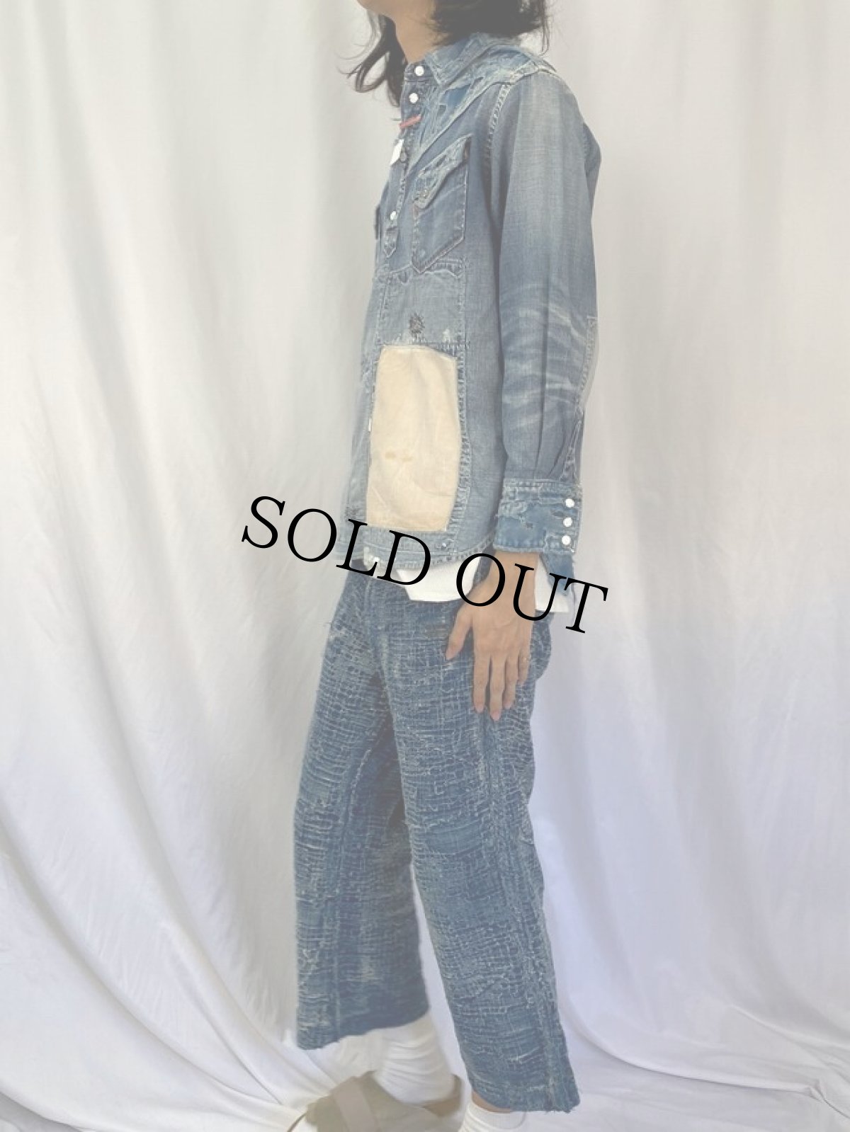 画像3: KAPITAL 襤褸加工 プルオーバーデニムシャツ M (3)