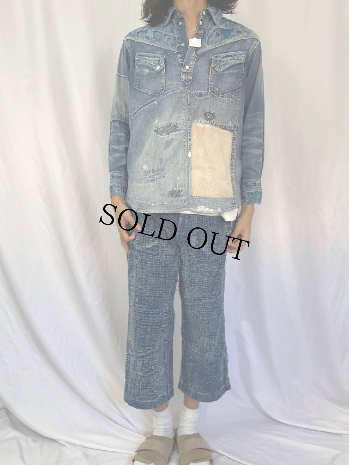 画像2: KAPITAL 襤褸加工 プルオーバーデニムシャツ M (2)