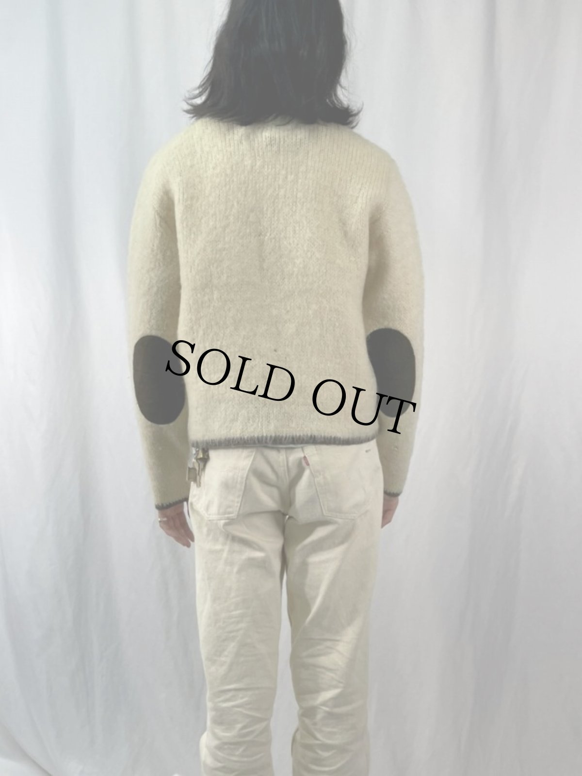 画像4: 60's エルボーパッチ付き ウールニットカーディガン XL (4)