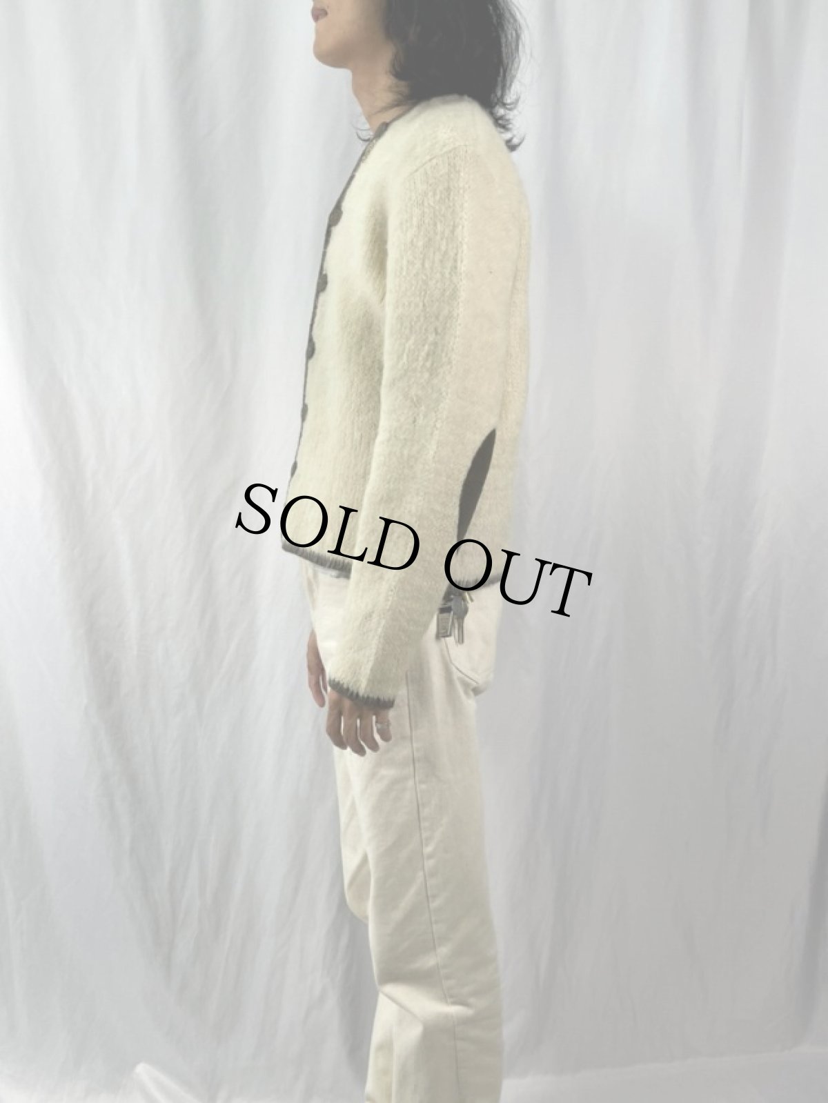 画像3: 60's エルボーパッチ付き ウールニットカーディガン XL (3)