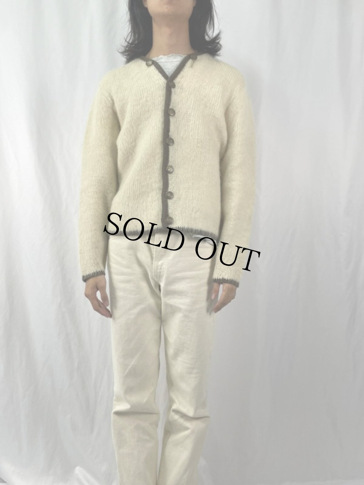 画像2: 60's エルボーパッチ付き ウールニットカーディガン XL (2)