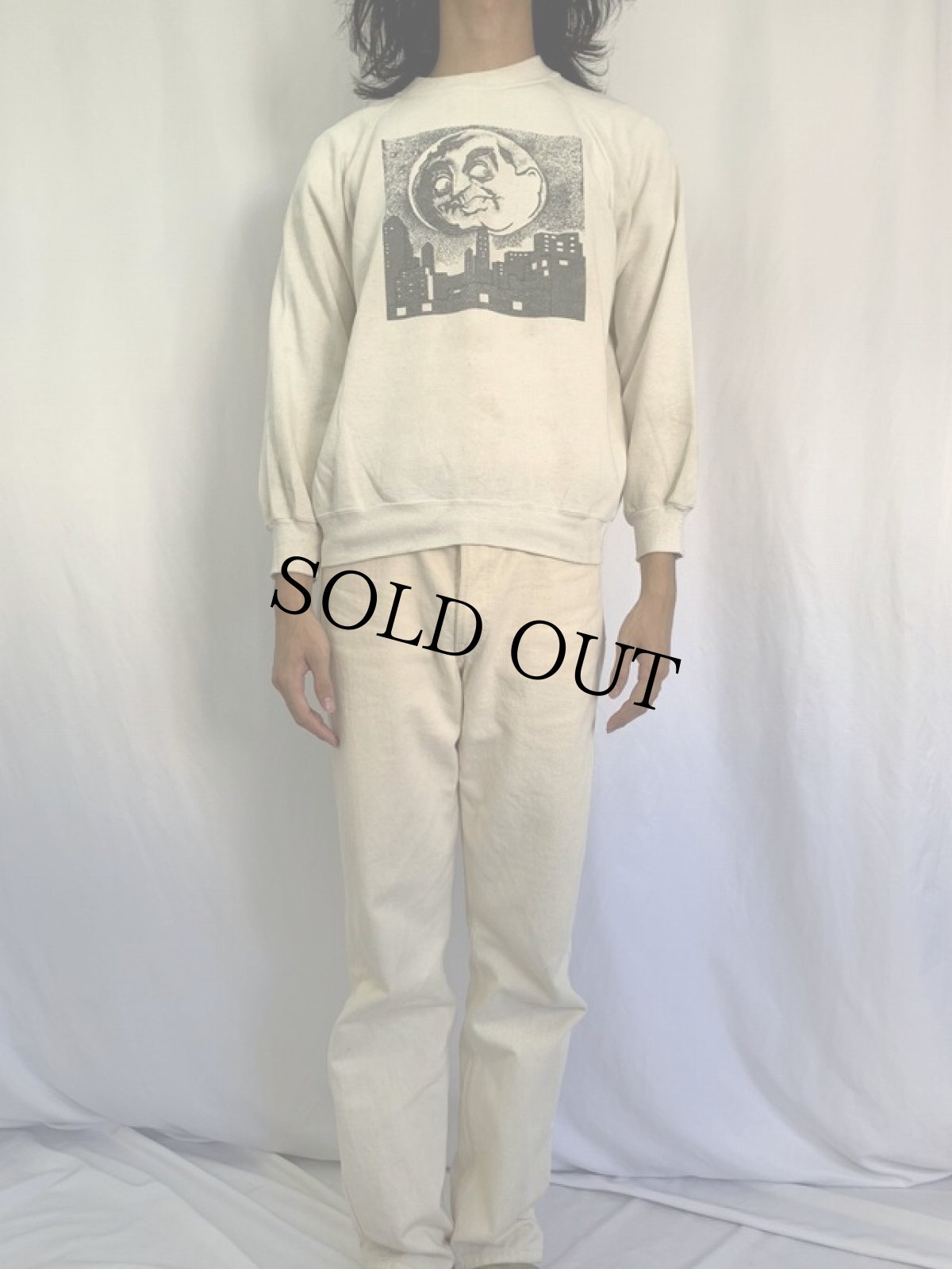 画像2: 80's USA製 月イラストプリント ラグランスウェット M (2)