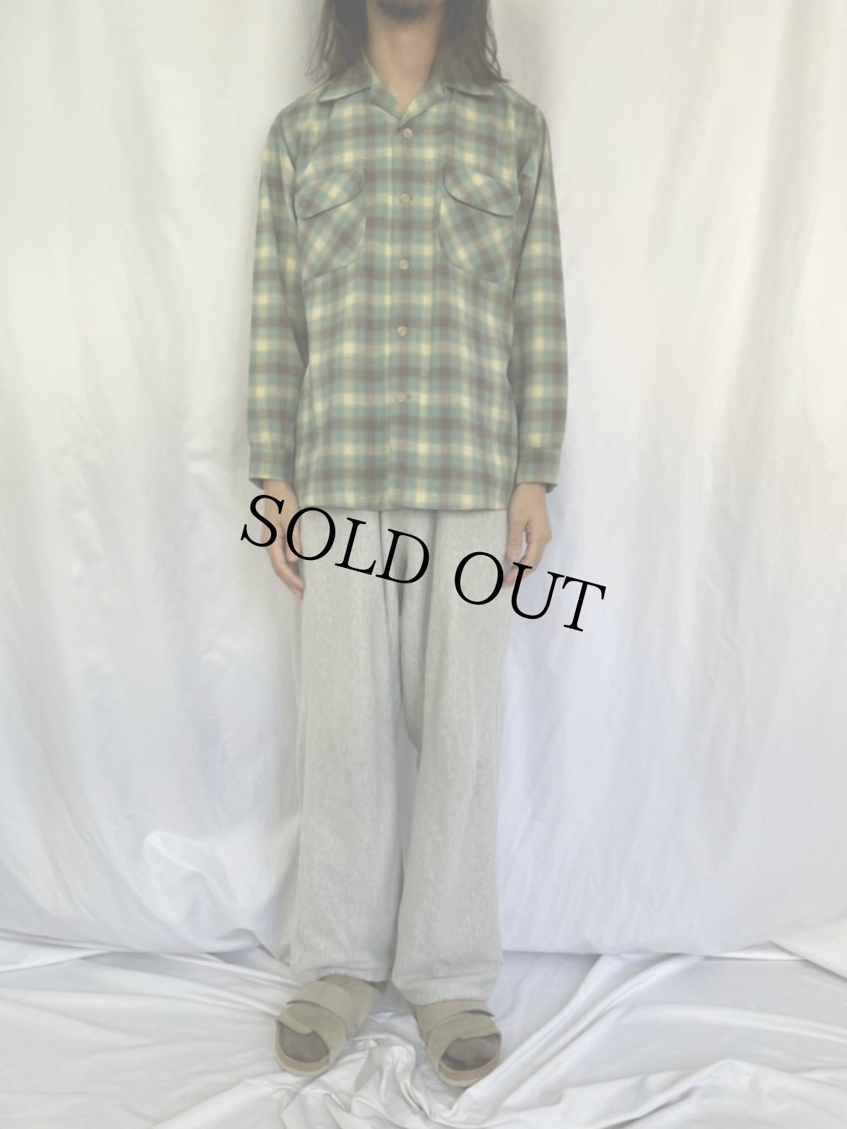 画像2: 50's PENDLETON オンブレーチェック柄 オープンカラーウールシャツ M (2)