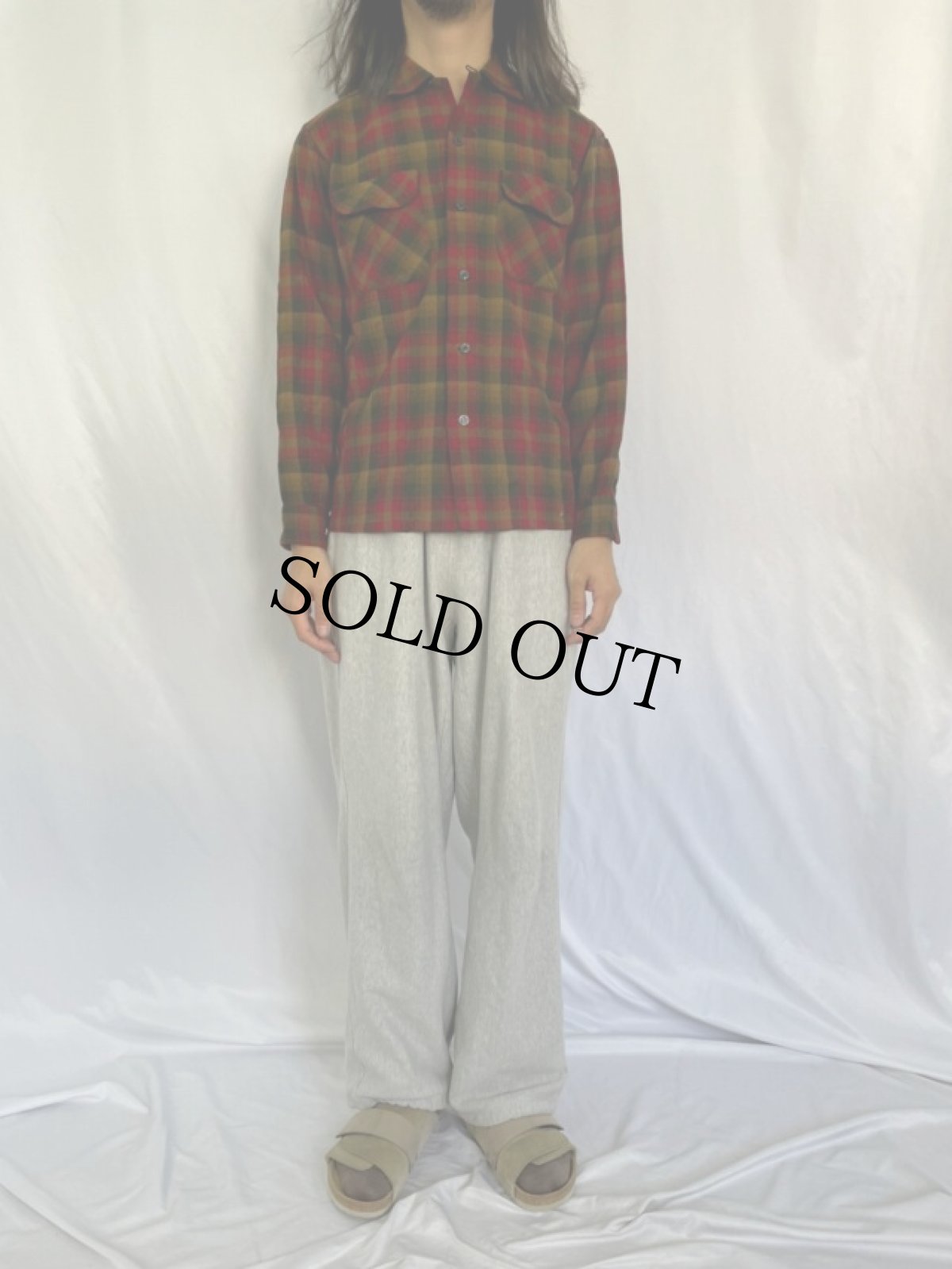 画像2: 60's PENDLETON チェック柄 オープンカラーウールシャツ M (2)