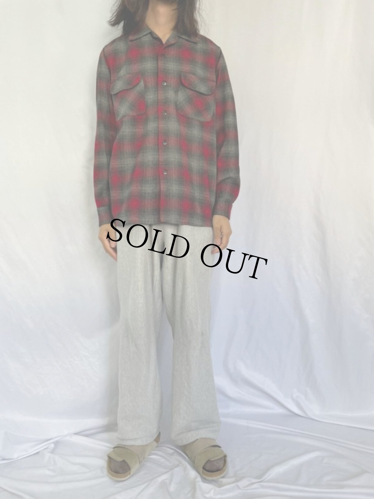 画像2: 50's PENDLETON オンブレーチェック柄 オープンカラーウールシャツ M (2)