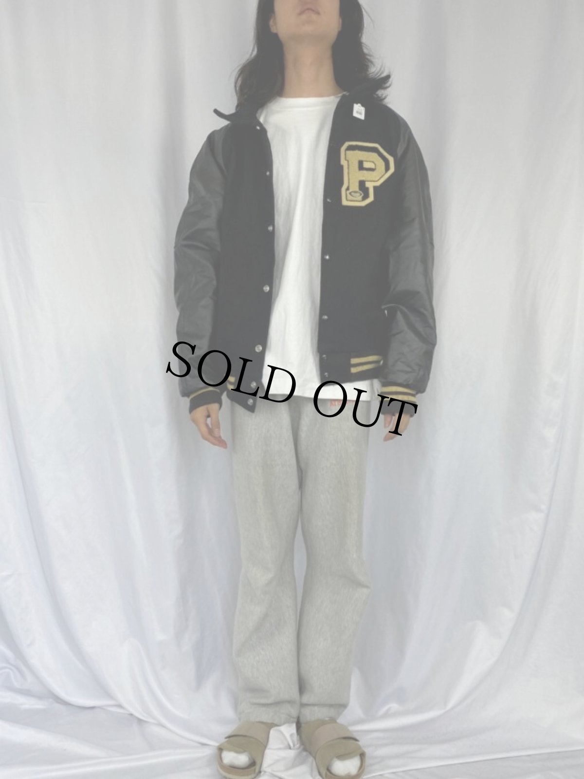 画像2: 90's GAME USA製 パッチ付き ウール×レザースタジャン XL (2)