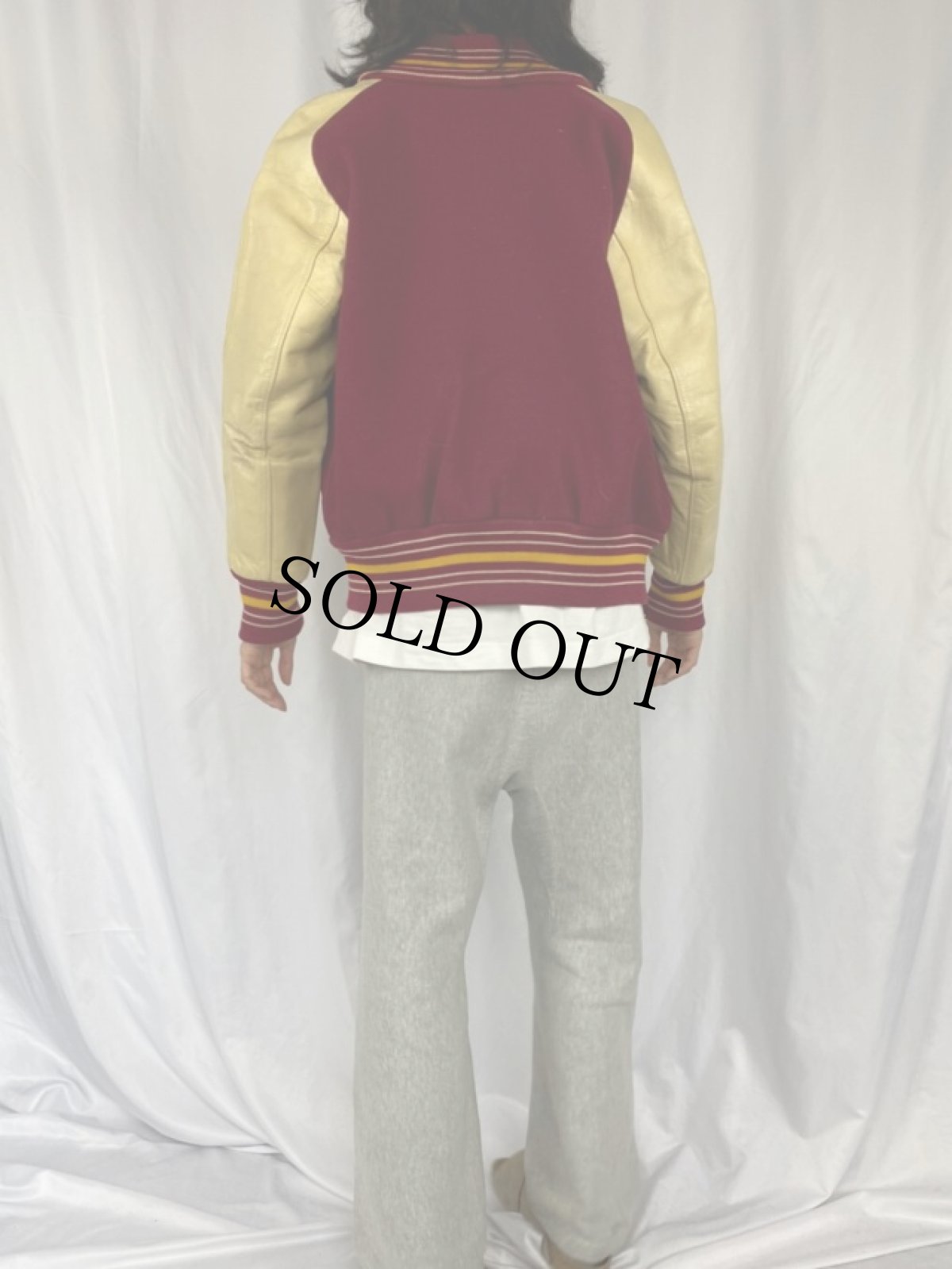 画像4: 80's LASLEY KNITTING CO. ウール×レザースタジャン 44 (4)