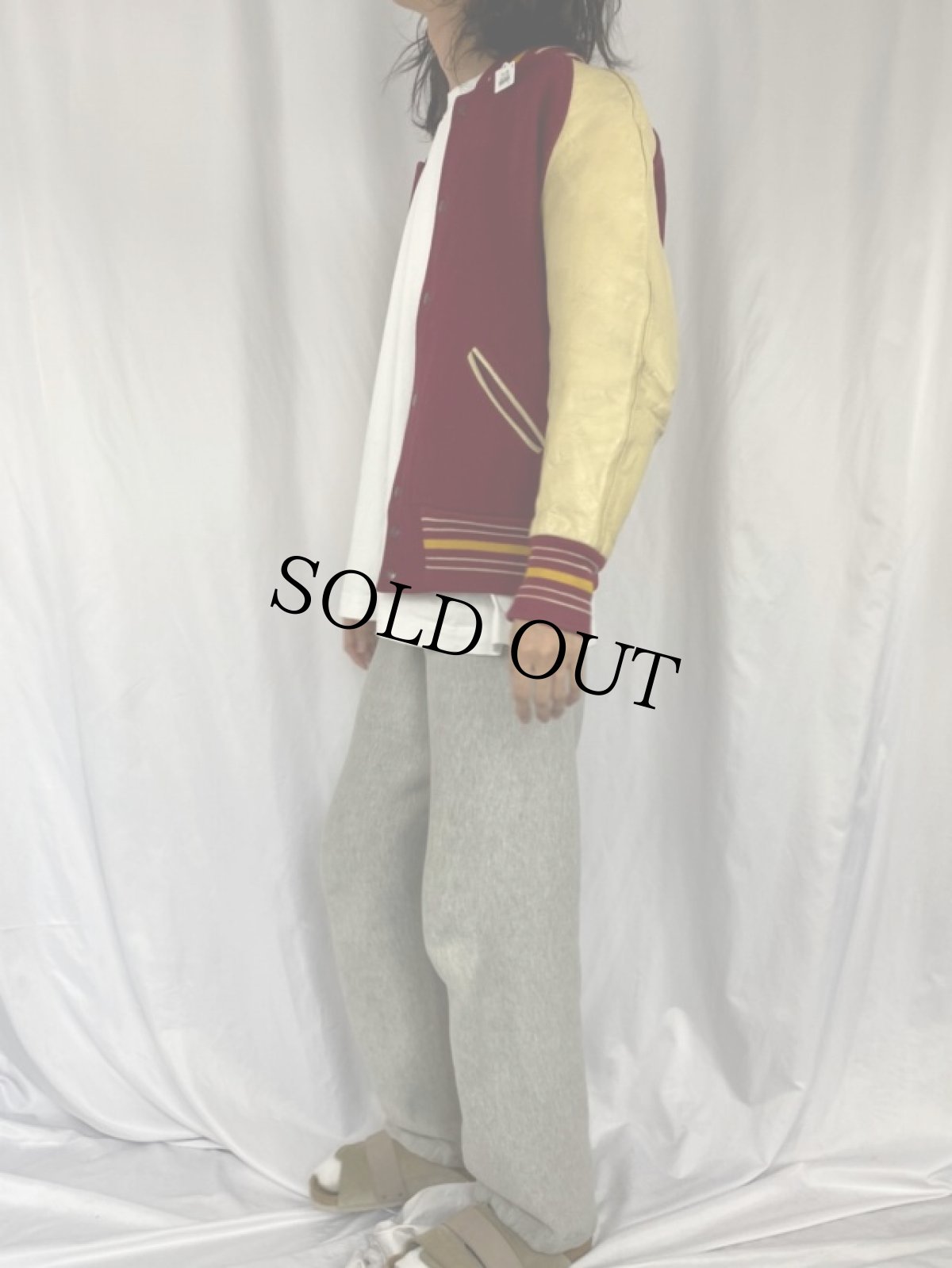 画像3: 80's LASLEY KNITTING CO. ウール×レザースタジャン 44 (3)