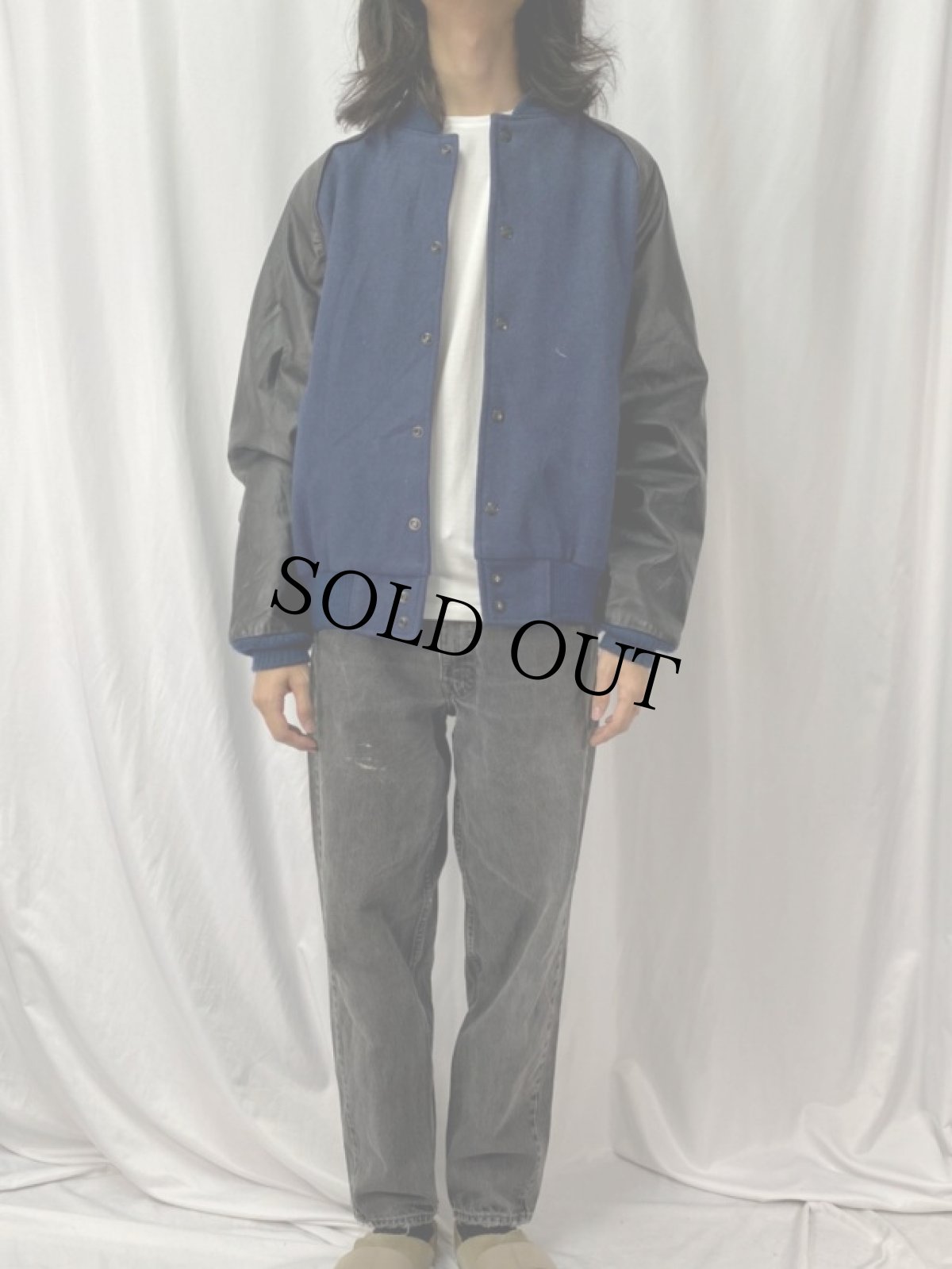 画像2: USA製 レザーパッチ付き ウール×レザースタジャン XL (2)