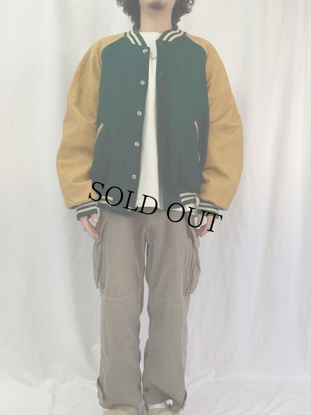 画像2: 80's BROOKS BROTHERS USA製 レザー×ウールスタジャン XL (2)