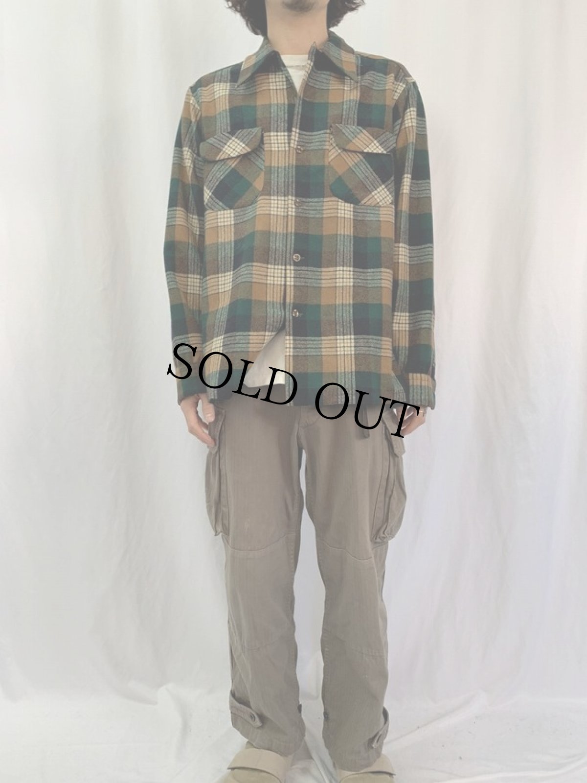 画像2: 70〜80's PENDLETON USA製 チェック柄 オープンカラーウールシャツ L (2)