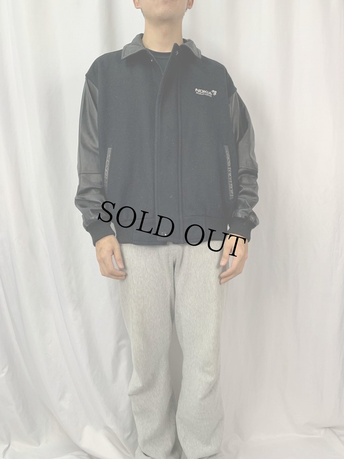 画像3: "NOKIA" 企業ロゴ刺繍 メルトン×レザースタジャン L (3)