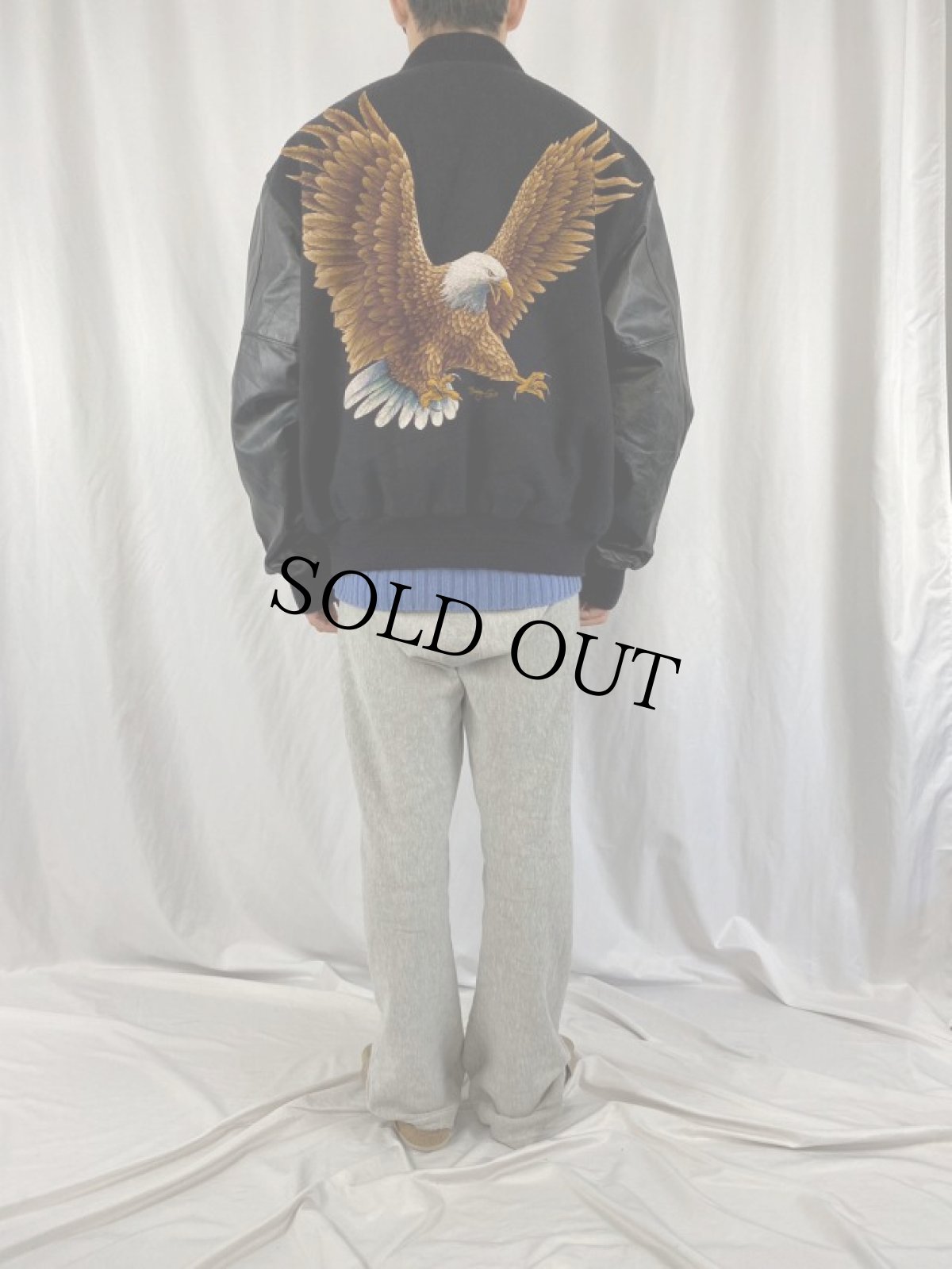 画像4: 90's STEER BRAND USA製 鷹柄 レザー×メルトン キルティングライナースタジャン XL (4)