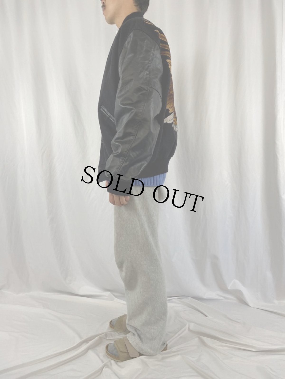 画像3: 90's STEER BRAND USA製 鷹柄 レザー×メルトン キルティングライナースタジャン XL (3)