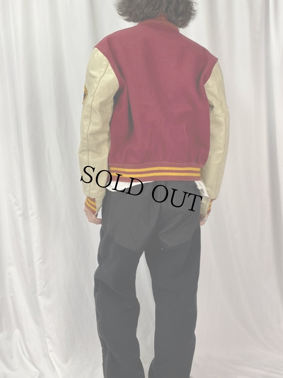 画像4: 70s Golden Bear USA製 パッチ付き ウール×レザースタジャン M (4)