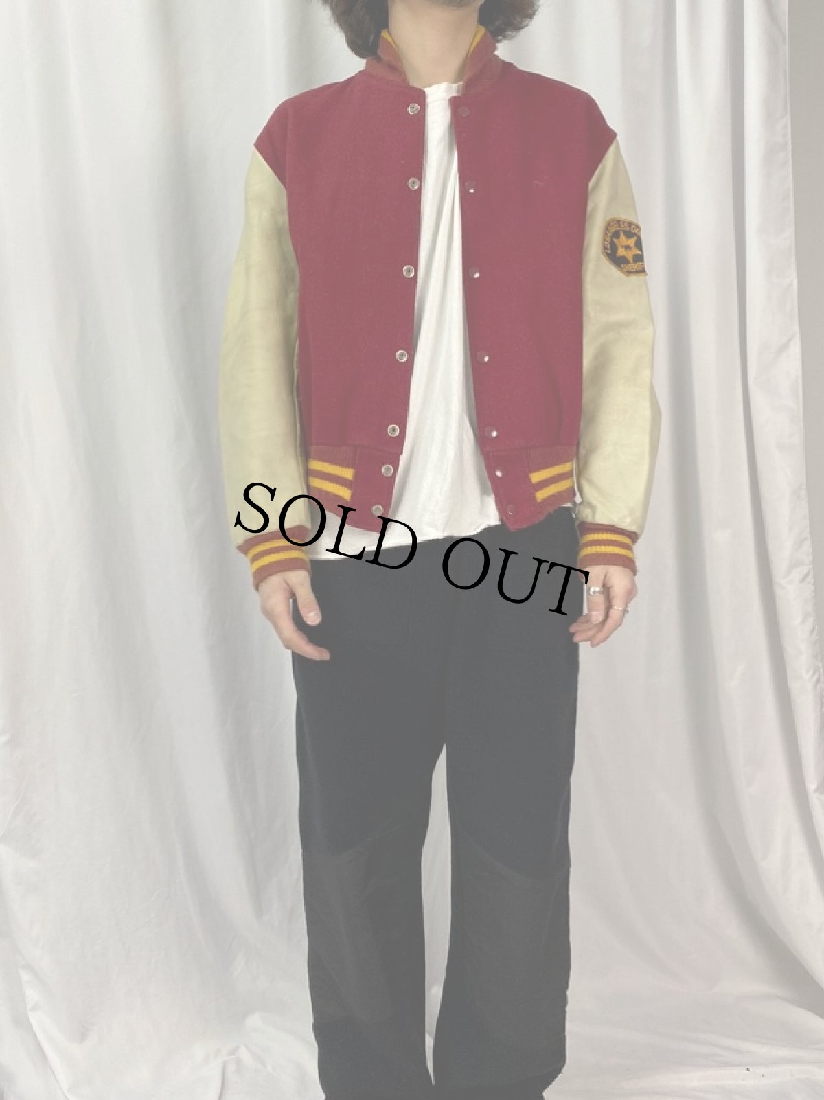 画像2: 70s Golden Bear USA製 パッチ付き ウール×レザースタジャン M (2)