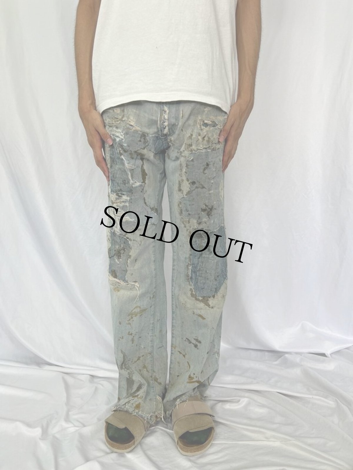 画像2: ペンキペイント×ダメージ デニムパンツ W35 (2)