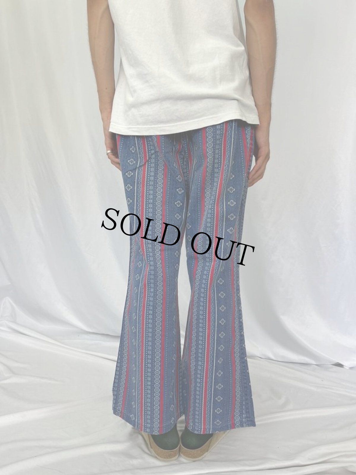 画像4: 70's 花×ストライプ柄 コットンフレアパンツ W33 (4)