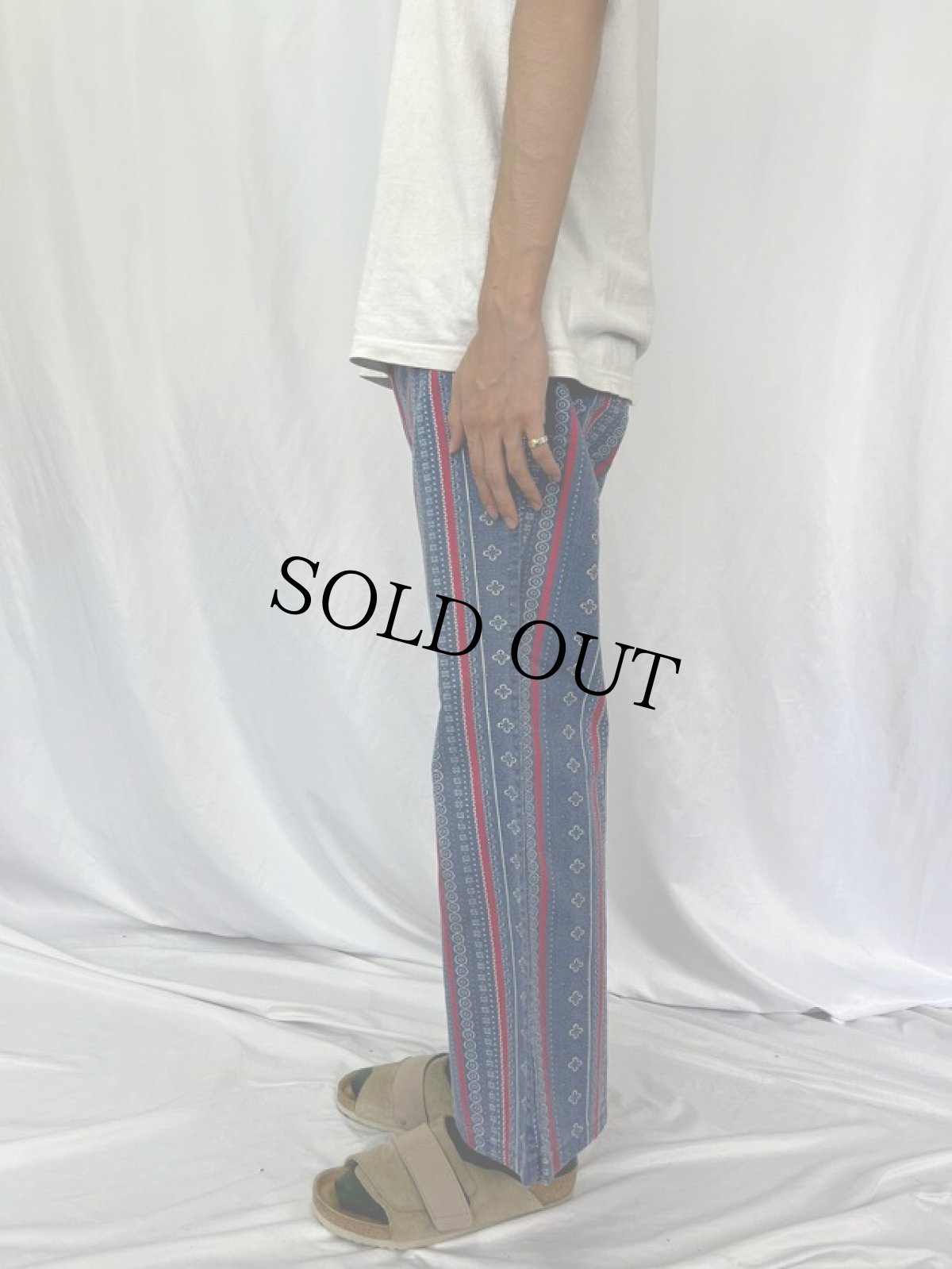 画像3: 70's 花×ストライプ柄 コットンフレアパンツ W33 (3)