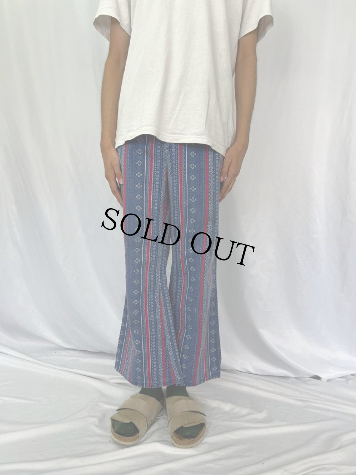 画像2: 70's 花×ストライプ柄 コットンフレアパンツ W33 (2)