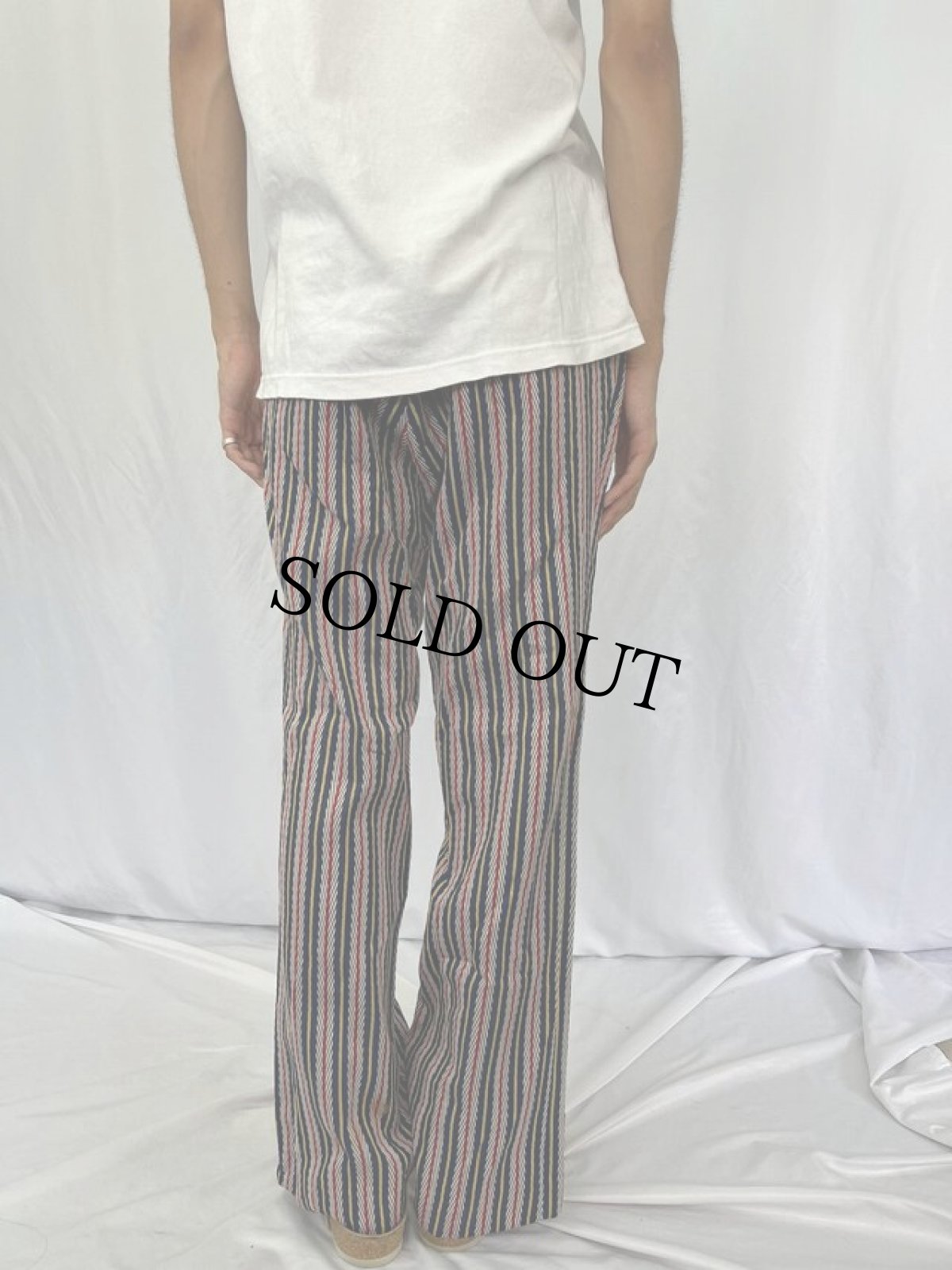 画像4: 70's ストライプ×ヘリンボーン 柄織りフレアパンツ W33 (4)