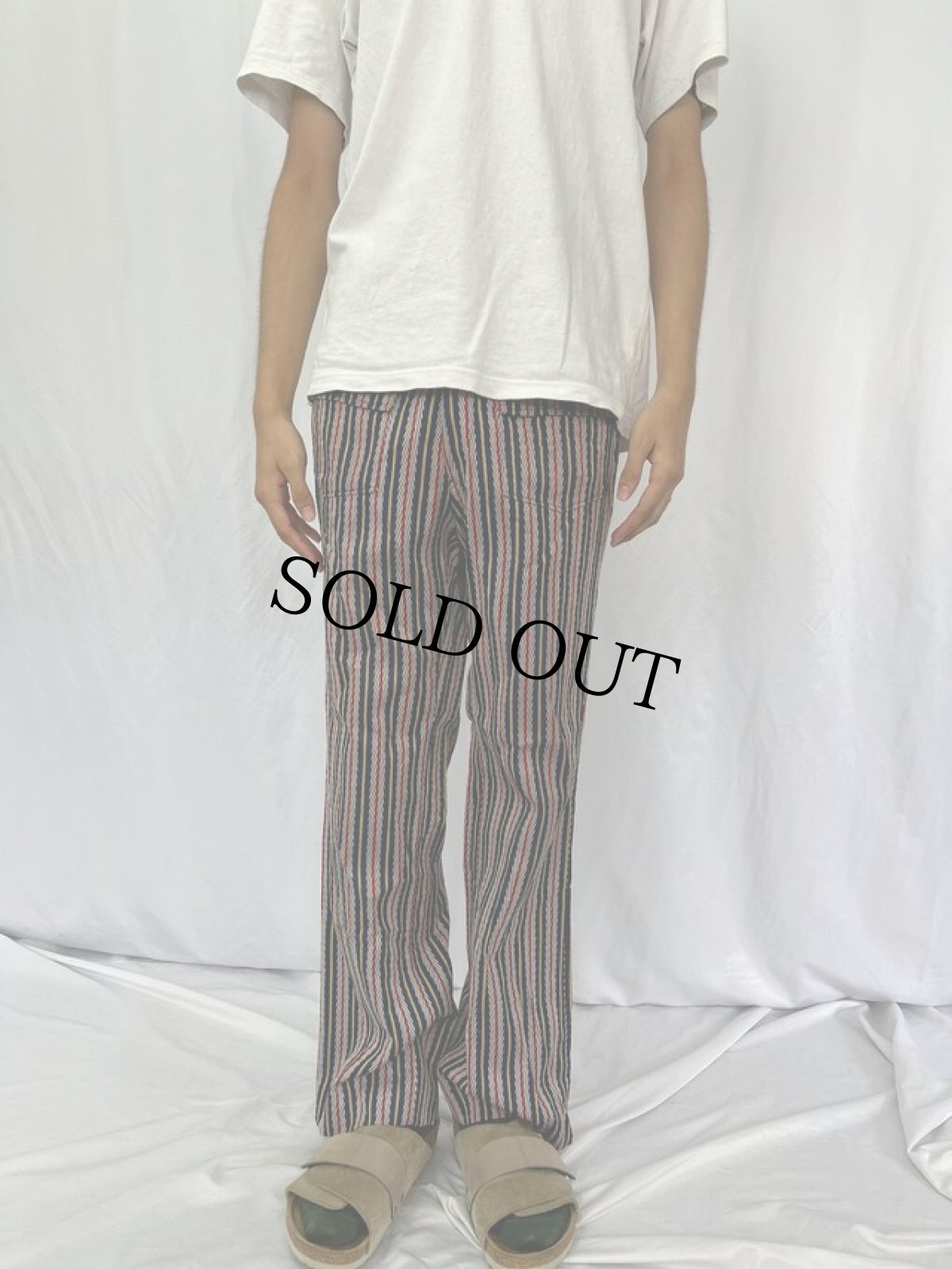 画像2: 70's ストライプ×ヘリンボーン 柄織りフレアパンツ W33 (2)