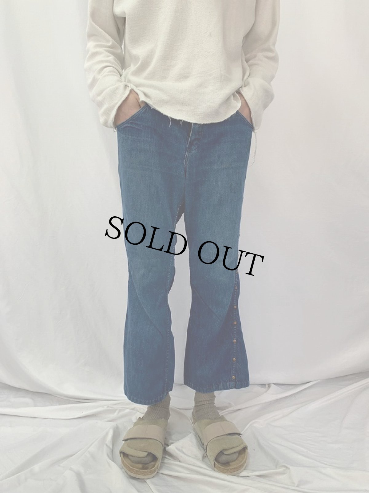 画像2: 70's スタッズデザイン デニムフレアパンツ W33 (2)