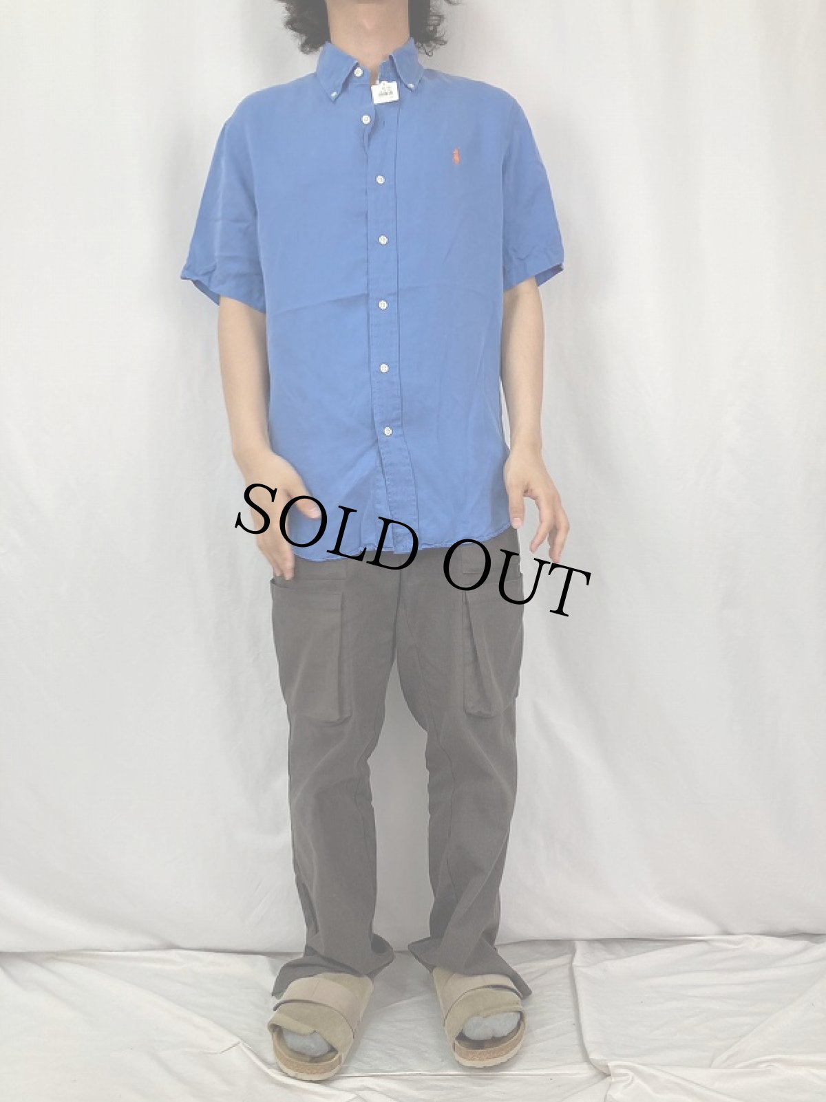 画像2: Ralph Lauren "CUSTOM FIT" シルクリネン ボタンダウンシャツ M (2)