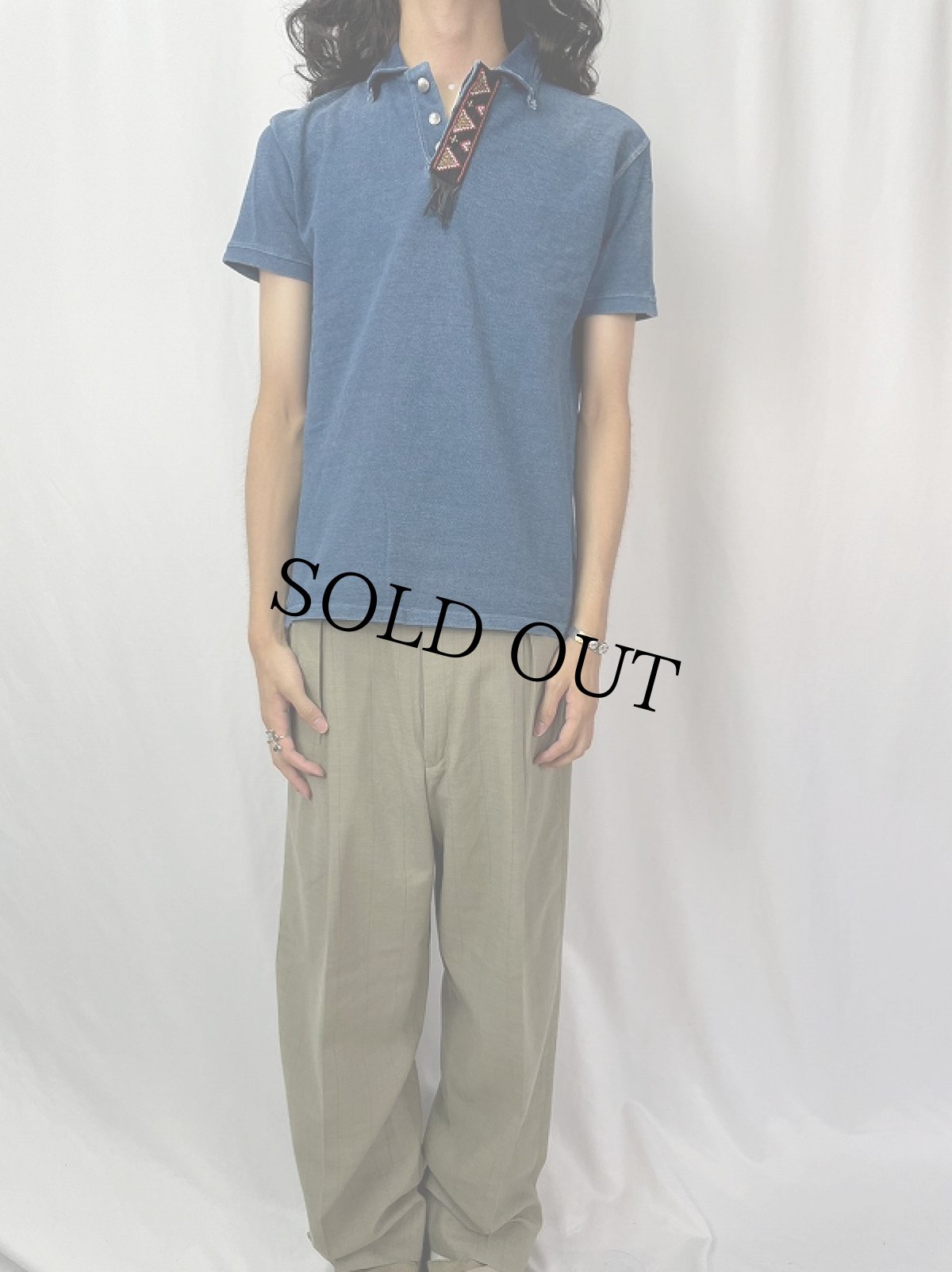 画像2: KAPITAL ビーズ刺繍デザイン インディゴ 鹿の子ポロシャツ M (2)