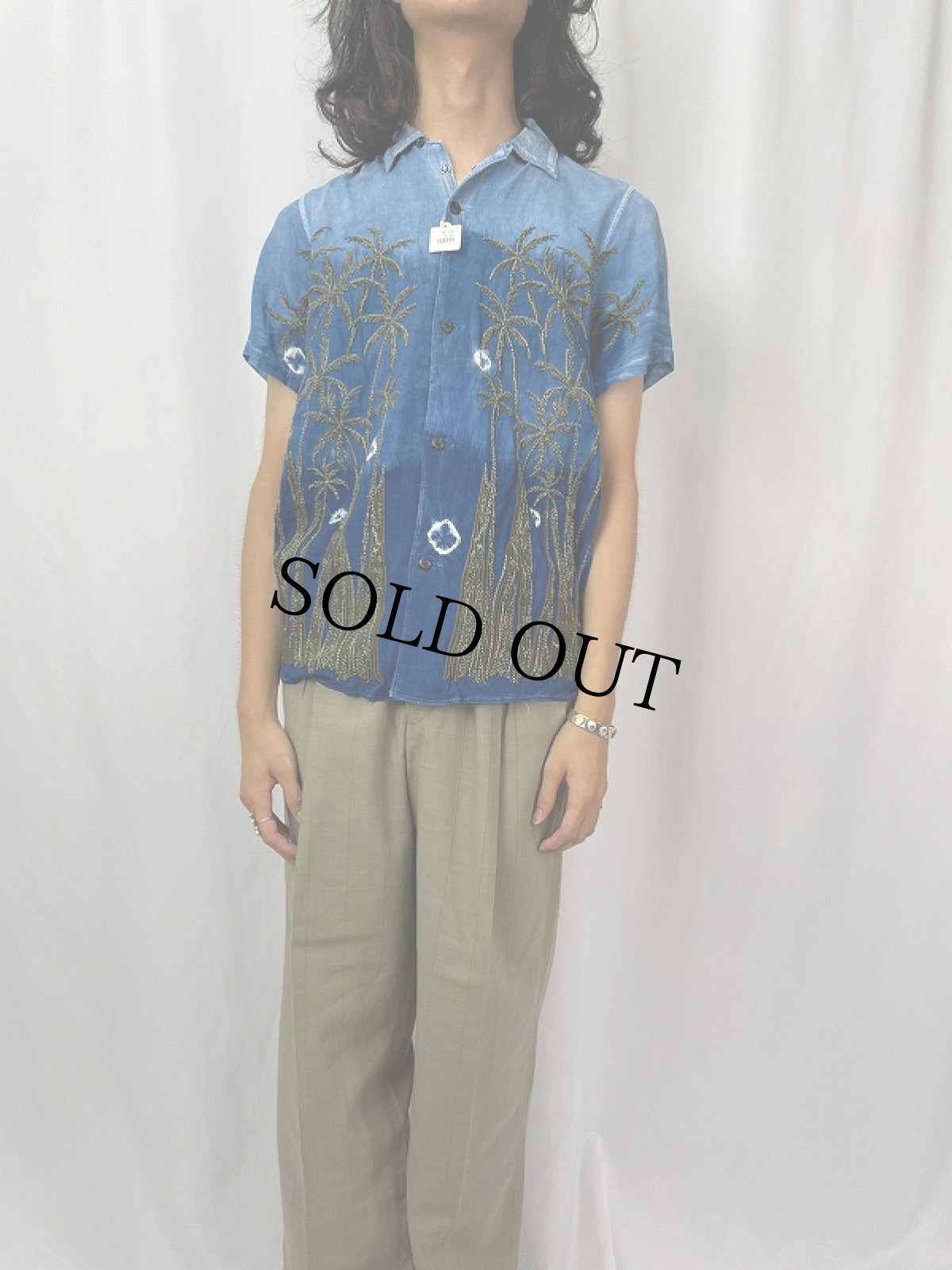 画像2: KAPITAL ヤシの木刺繍 インディゴ レーヨンオープンカラーシャツ S (2)
