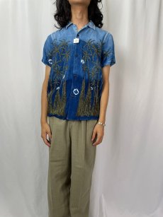 画像2: KAPITAL ヤシの木刺繍 インディゴ レーヨンオープンカラーシャツ S (2)