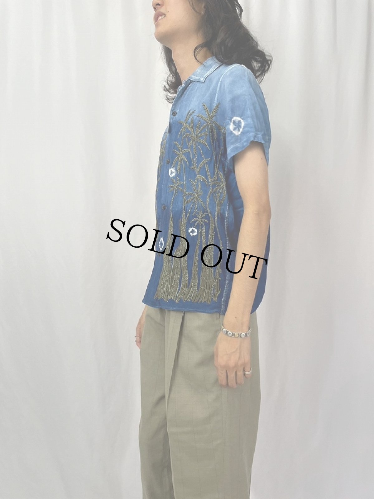 画像3: KAPITAL ヤシの木刺繍 インディゴ レーヨンオープンカラーシャツ S (3)