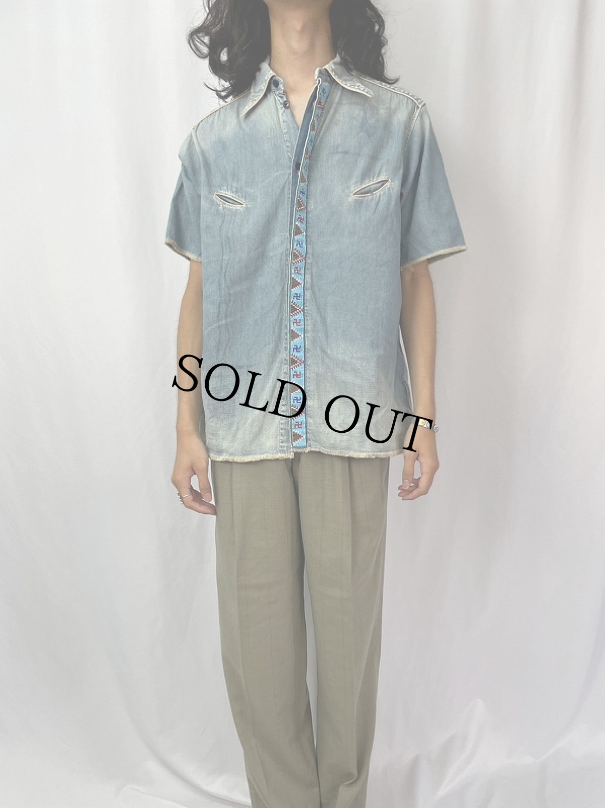 画像2: KAPITAL ネイティブ柄 ビーズテープ デニムシャツ L (2)