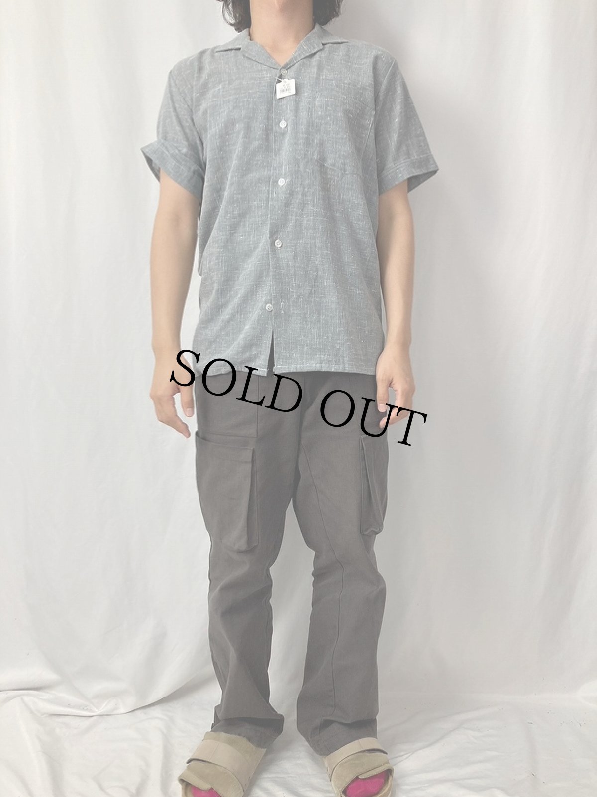 画像2: 絣柄 コットンポリ オープンカラーシャツ M (2)